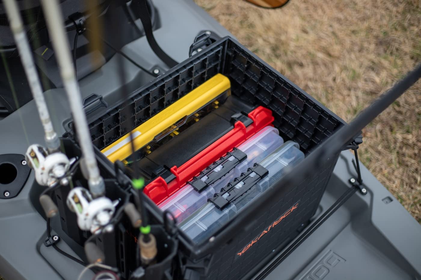 YakAttack BlackPak Pro 13" x 13" Fishing Crate with 3 Rod Holders - Battleship Grey | Compact Tackle Storage Box & Gear Organizer for Kayaks | Lightweight, Durable & Customizable Marine Accessory
