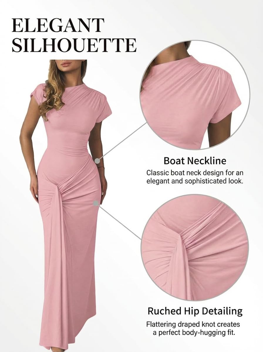 Mojessy Women Bodycon Maxi Dress Sexy Mock Neck Lace Up Bandage Ruched Short Sleeve Long Dress Cocktail Dress
