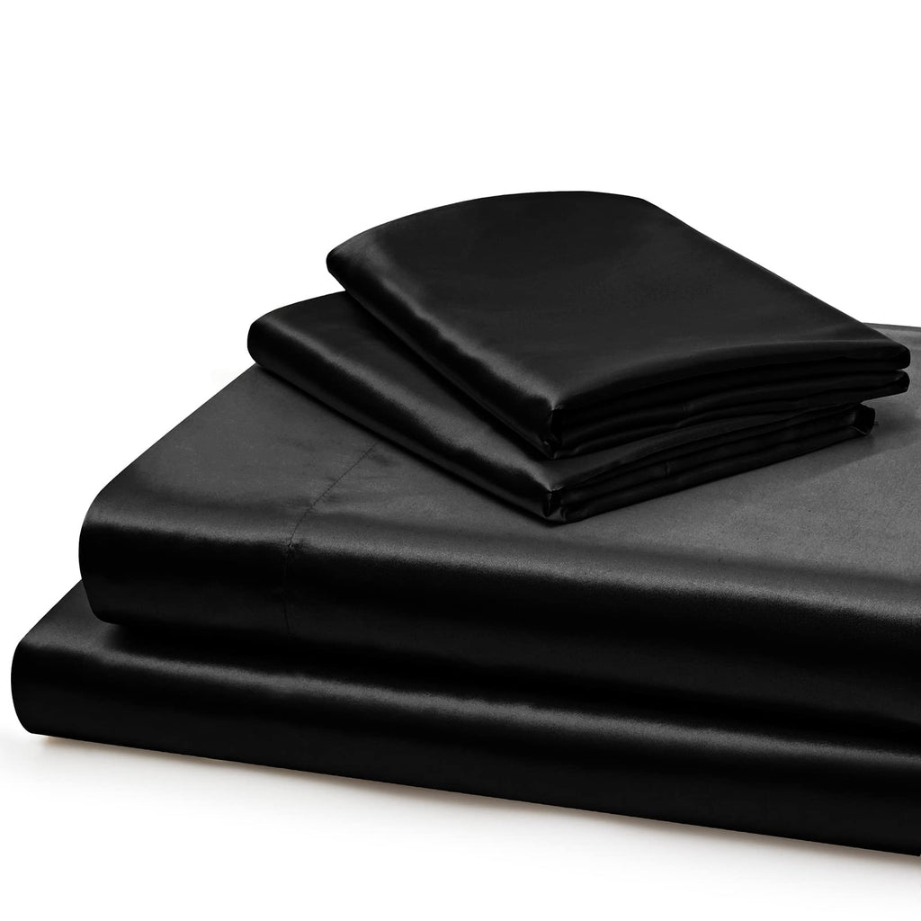 Vonty Extra Deep Pocket Full Sheet Sets - Cooling & Silky Satin Full Size Sheets with 18-24 Inch Deep Pocket, Black Satin Bed Sheets Fit Up to 24" Deep Mattress - 4 Piece Set