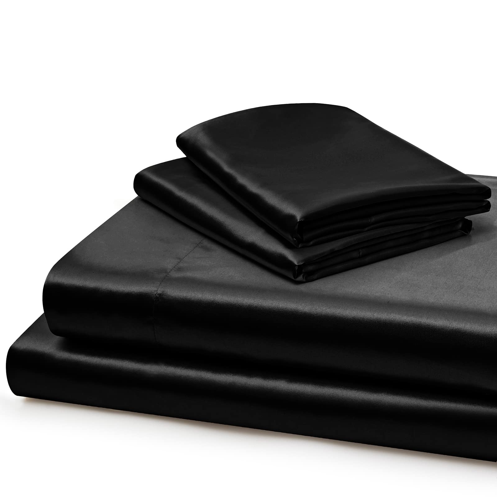 Vonty Extra Deep Pocket Full Sheet Sets - Cooling & Silky Satin Full Size Sheets with 18-24 Inch Deep Pocket, Black Satin Bed Sheets Fit Up to 24" Deep Mattress - 4 Piece Set