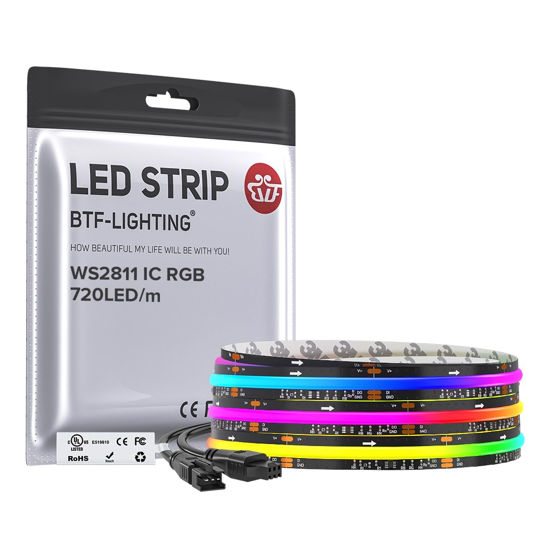 BTF-LIGHTING WS2811 Smart IC RGB FCOB COB LED Strip, UL Listed 630LEDs/m High Density Color Chasing Uniform Light, DC12V 12FT 10mm Width Tape Light for Home Party DIY Decor(No Adapter or Controller)