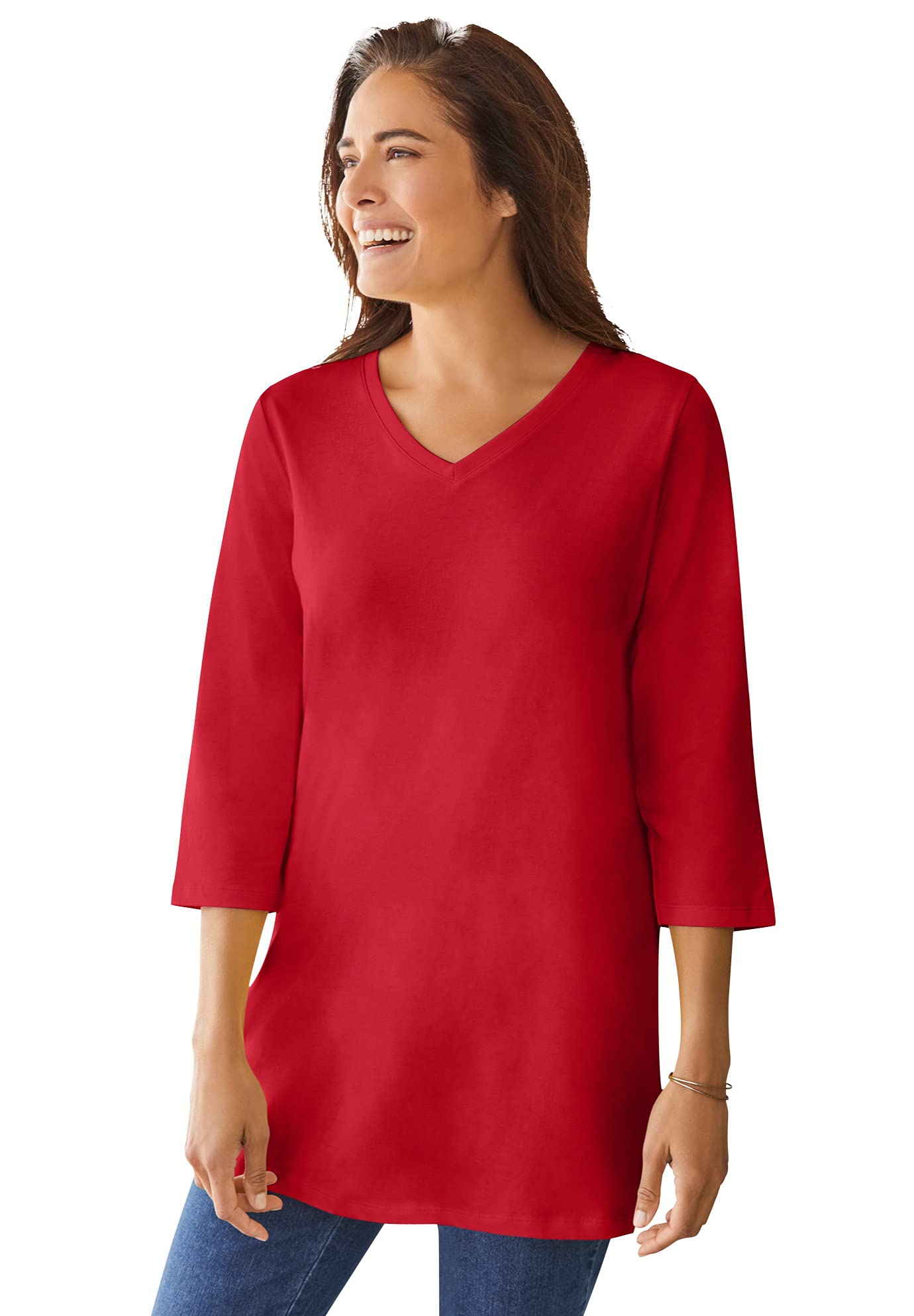 Woman Within Plus Size Perfect Three-Quarter Sleeve V-Neck Tunic