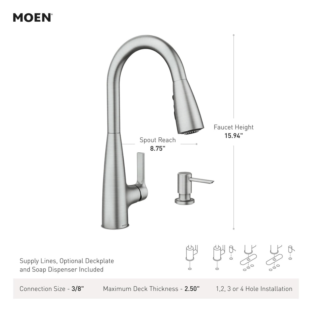 Moen Haelyn Pulldown Kitchen Faucet with Power Boost, 87627 | Pulldown sprayer, Power Boost technology, Soap dispenser included, Chrome finish, High arc faucet