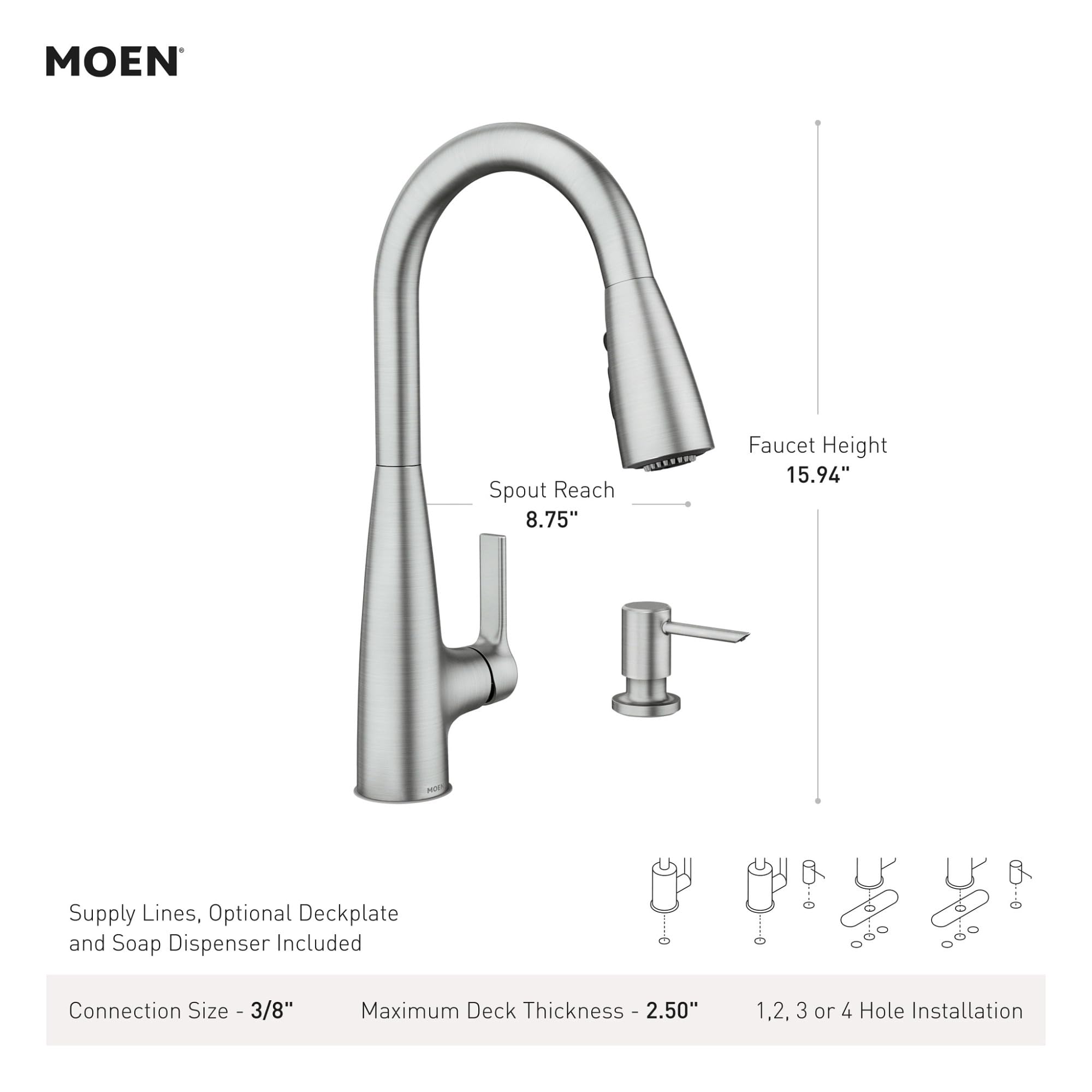 Moen Haelyn Pulldown Kitchen Faucet with Power Boost, 87627 | Pulldown sprayer, Power Boost technology, Soap dispenser included, Chrome finish, High arc faucet