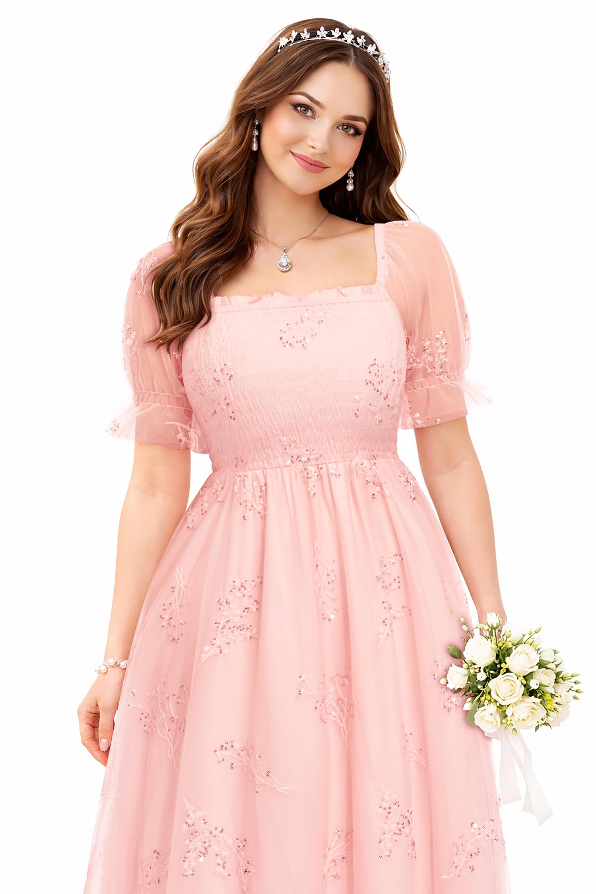 Plus Size Formal Dresses - Bridesmaid Leaf Embroidery with Sequin Tulle Prom Long Dress
