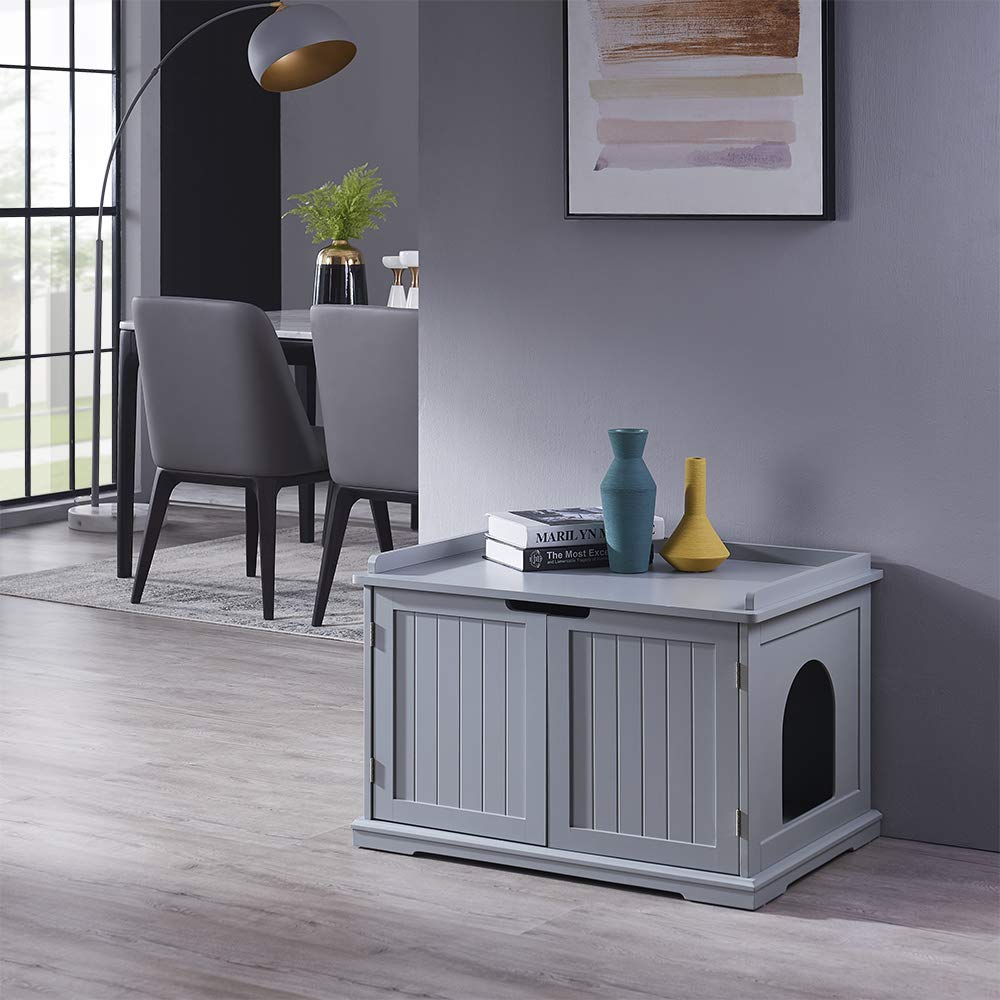 unipaws Extra Large Cat Litter Box Enclosure for Self-Cleaning & Automatic Litter Boxes, Tall Cabinet with Charging Station, Wooden Dog Proof Hidden Cat House for Top Entry Litter Box