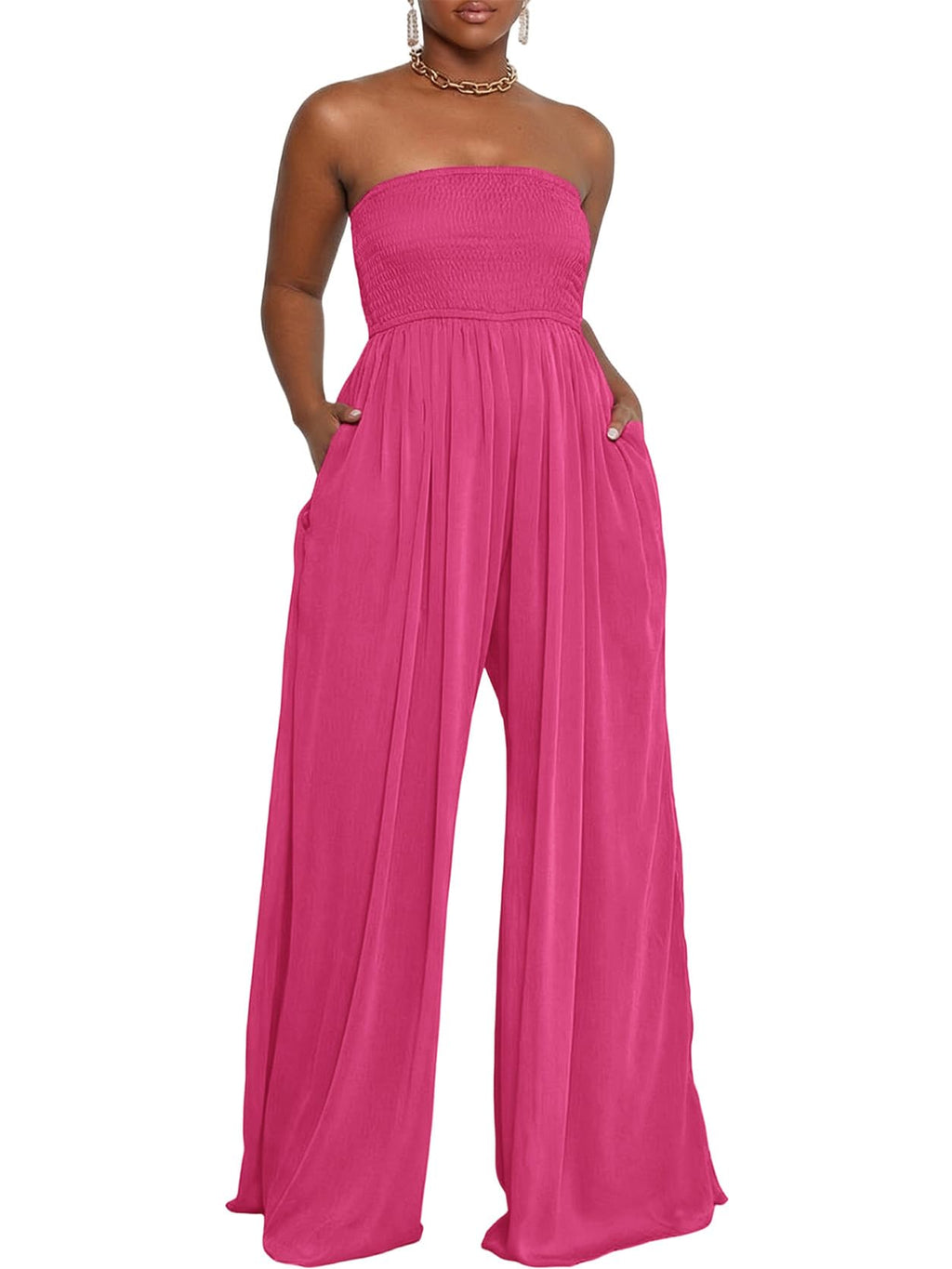 Ophestin Women's Strapless Tube Wide Leg Jumpsuits Smocked Women Jumpsuits Dressy Casual Flowy One Piece Jumpsuits Rompers
