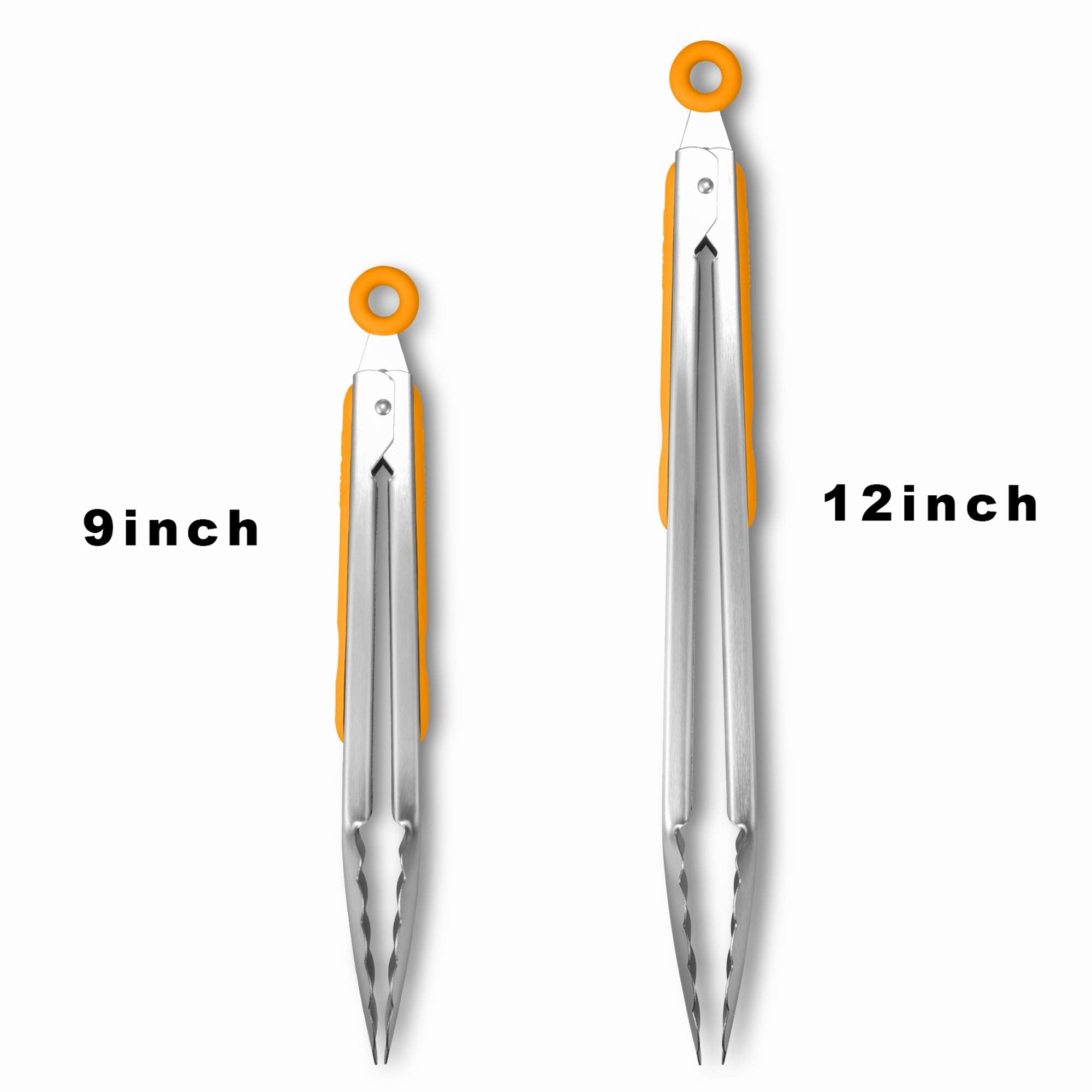 304 Stainless Steel Kitchen Cooking Tongs, 9" and 12" Set of 2 Sturdy Grilling Barbeque Brushed Locking Food Tongs with Ergonomic Grip, Black