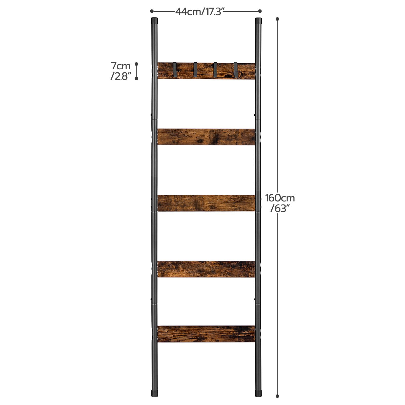 HOOBRO Blanket Ladder, 5-Tier Towel Rack with Hooks, Wall-Leaning Blanket Rack, Decorative Display Ladder Shelf, Scarves, Industrial, Living Room, Bedroom, Black BB52CJ01