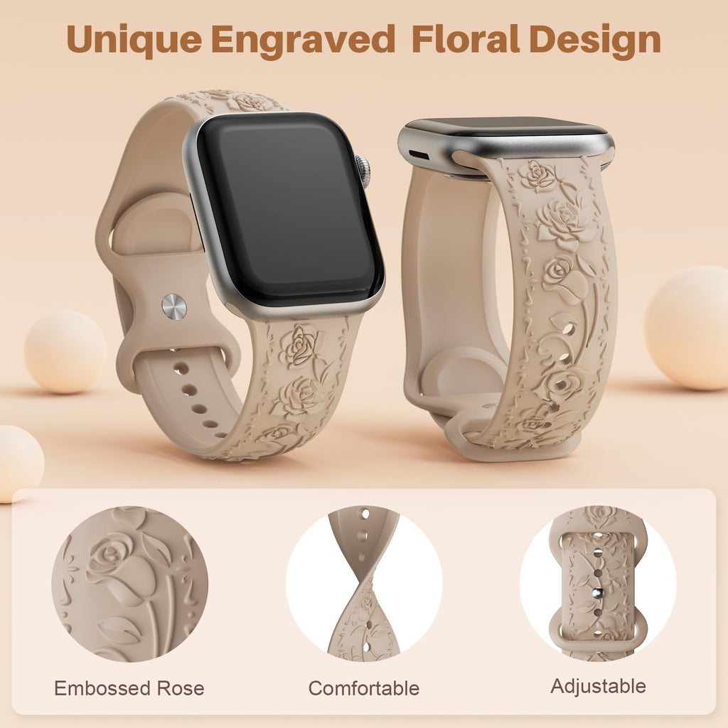 Floral Engraved Band Compatible with Apple Watch Band 40mm 41mm 38mm 42mm 44mm 45mm 46mm 49mm Women, Soft Silicone Cute Embossed Flower Strap for iWatch Band Series SE Ultra 11 10 9 8 7 6 5 4 3 2 1