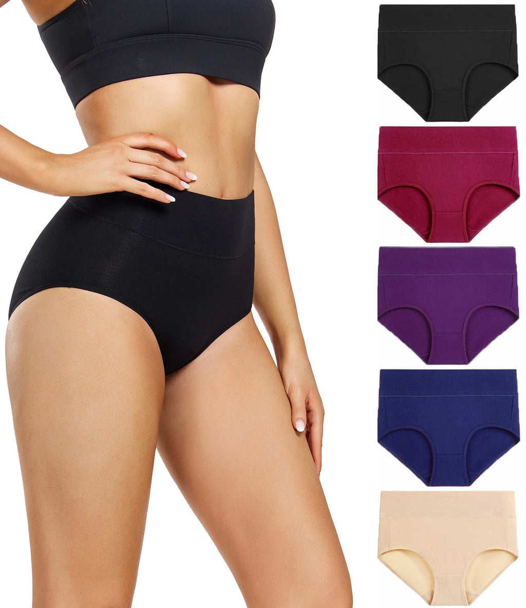 wirarpa Women's High Waisted Cotton Briefs Ladies Underwear Regular & Plus Size Panties 5 Pack