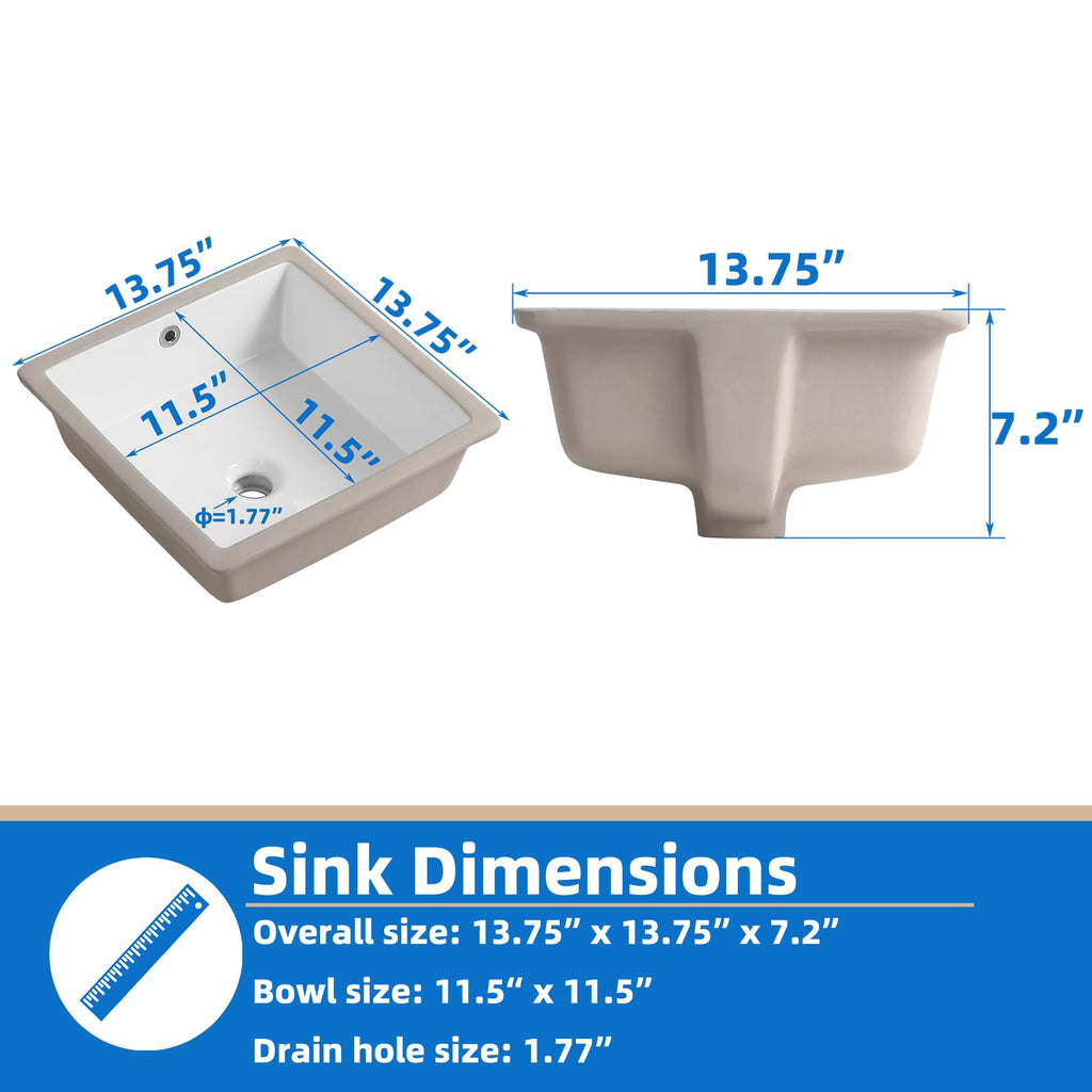 KINGWONG 14 Inch Small Square Undermount Bathroom Sink, 13.75" Ceramic White Porcelain Under Counter Basin for Vanity, Modern Rectangular Sink with Overflow Hole, Easy to Clean, Interior 11.5" x 11.5"