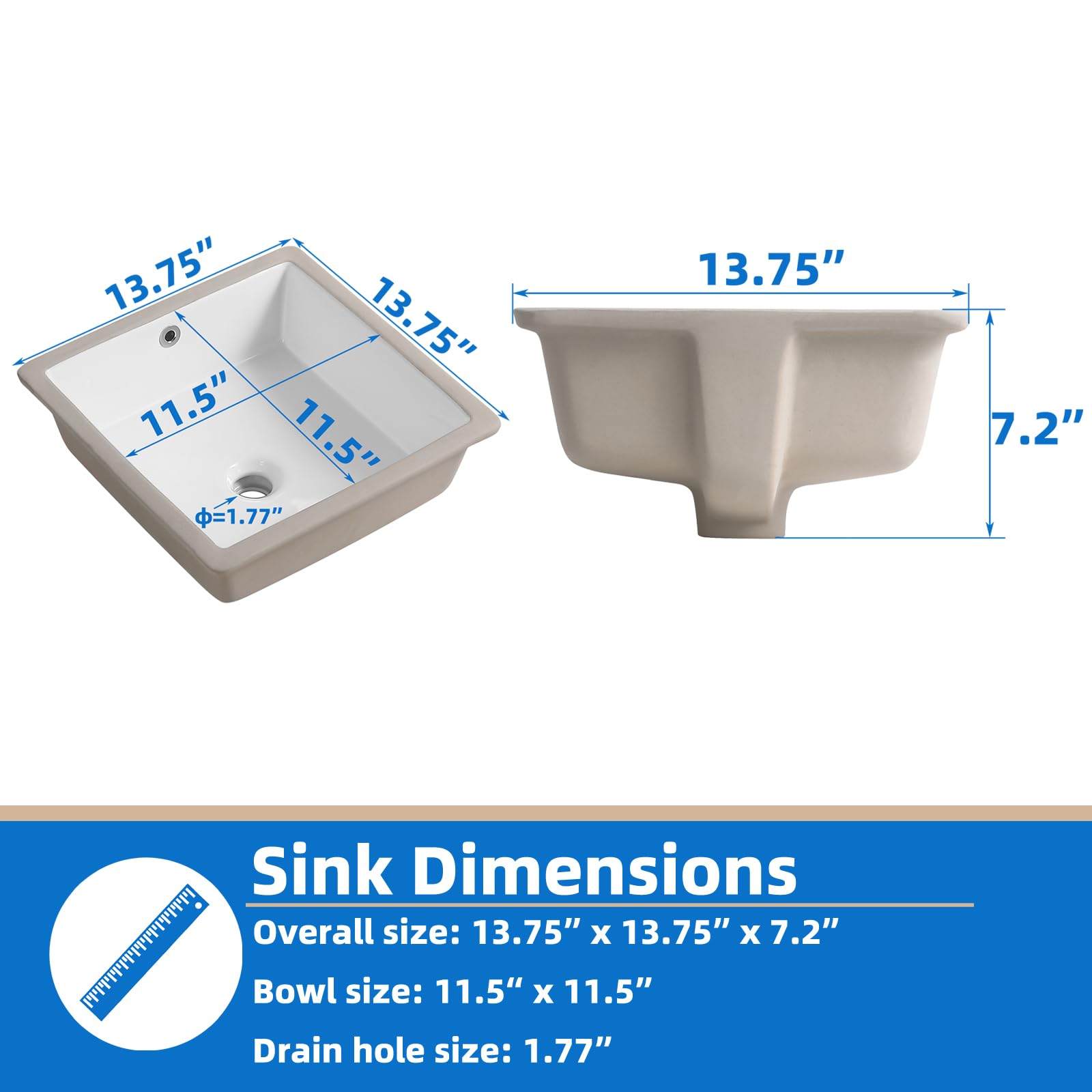KINGWONG 14 Inch Small Square Undermount Bathroom Sink, 13.75" Ceramic White Porcelain Under Counter Basin for Vanity, Modern Rectangular Sink with Overflow Hole, Easy to Clean, Interior 11.5" x 11.5"