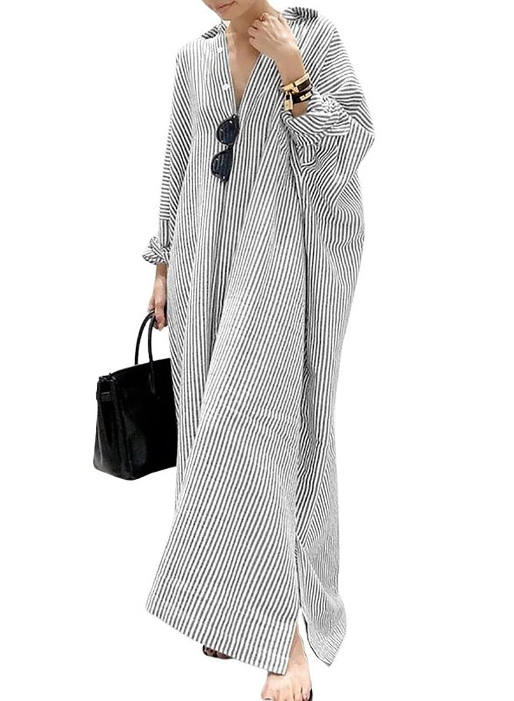 utcoco Womens Striped Long Sleeve Dress Casual Loose Button Down Cotton Maxi Shirt Dress