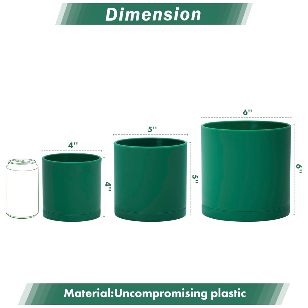 D'vine Dev 6.5 Inch 8 Inch 10 Inch, Set of 3 Plastic Planter Pots for Plants with Drainage Hole and Seamless Saucers, Black Color, Large, 74-V-B-4