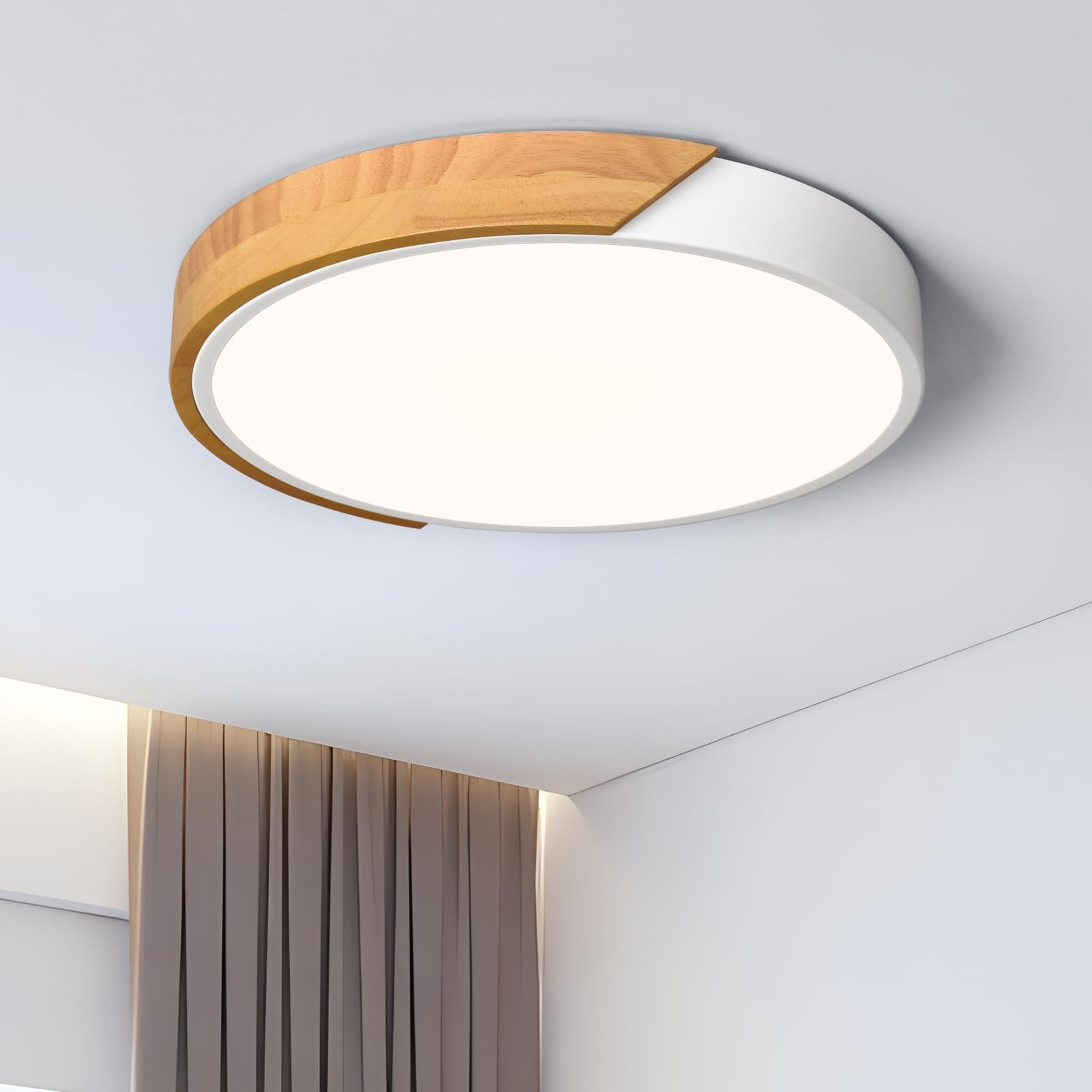 Modern LED Ceiling Light, Minimalist Wood Dimmable Flush Mount Ceiling Light Fixture, Round 5CCT Lighting Lamp with Acrylic Lampshade for Bedroom Hallway Kitchen Laundry, Black 11.8"