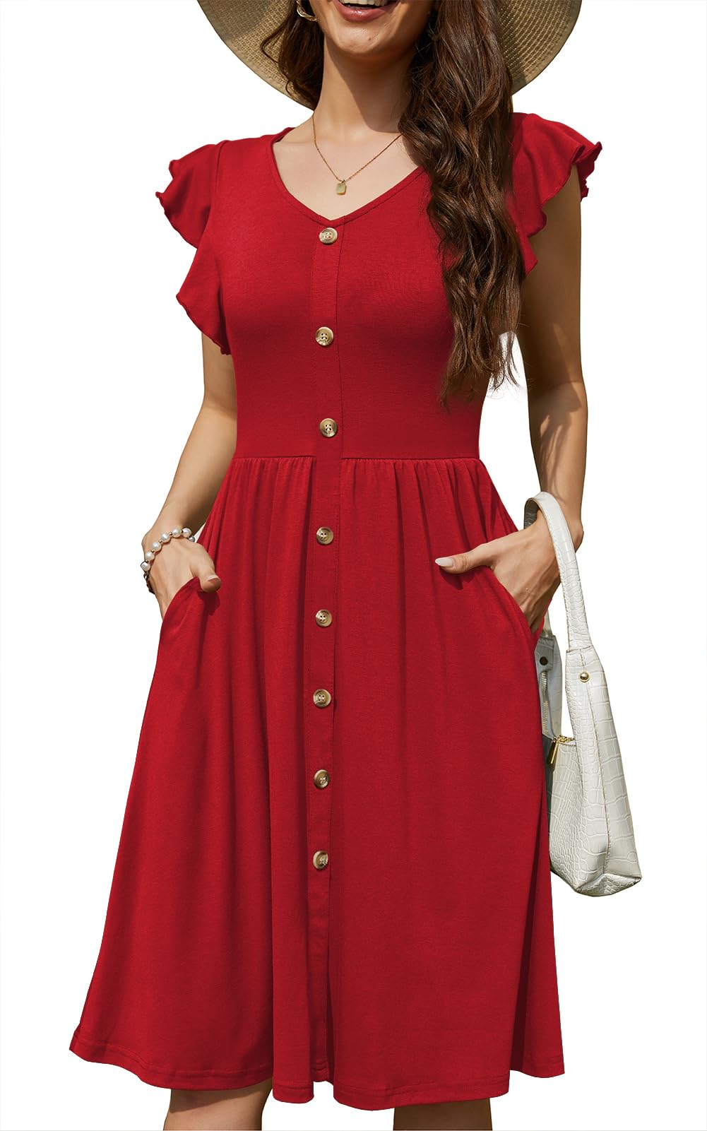 Lamilus Women's Casual Summer Dresses 2026 Ruffle Sleeves V-Neck Button Down Midi Swing Party Dress with Pockets