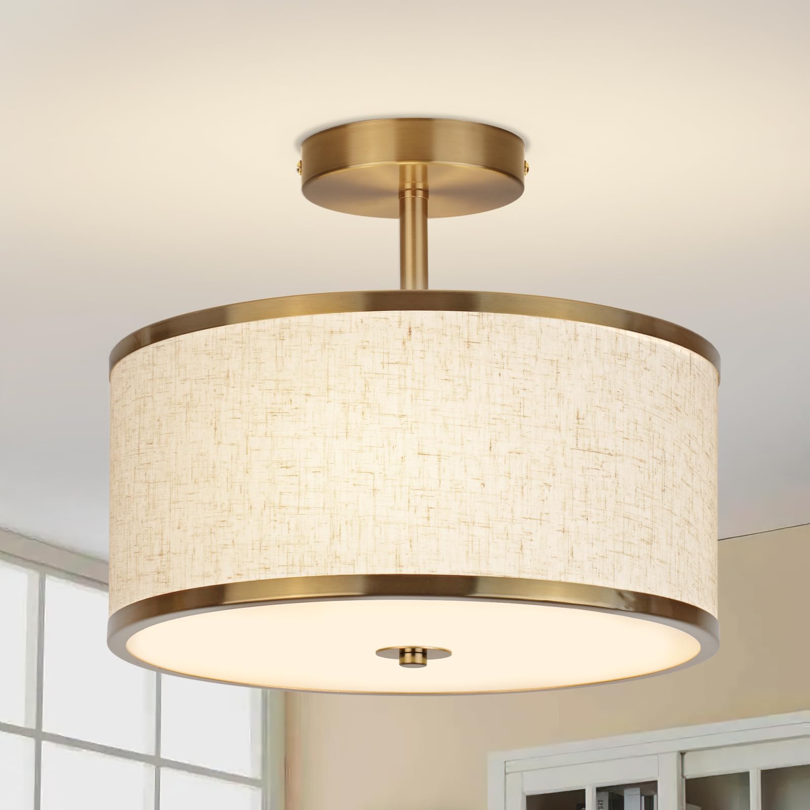 CALOKES Semi Flush Mount Ceiling Light, 11.8" Modern 3-Light Fixture with Petal-Shaped Cream White Fabric Shade and Golden Support Arm, Ideal for Bedroom, Kitchen, Living Room, Hallway, and Entryway