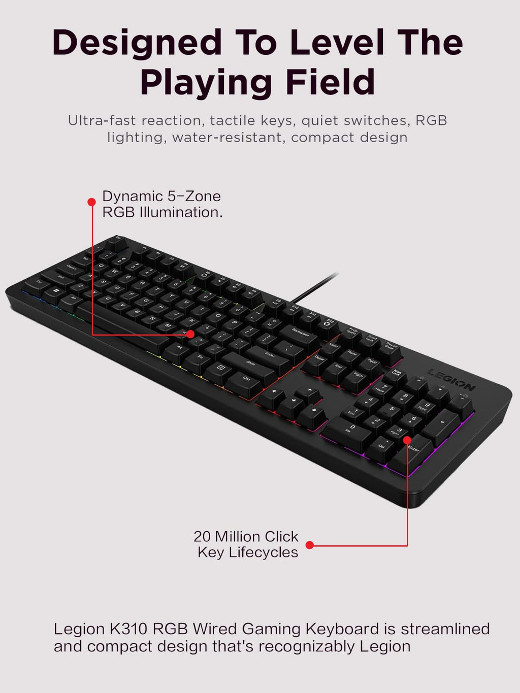 Lenovo Legion KM310 RGB Wired Gaming Keyboard & Mouse Combo - K310 Keyboard w/Silent Operation & Compact Water-Resistant Design - M300S Mouse with 8000 Adjustable DPI, 220 IPS, 6 Programmable Buttons