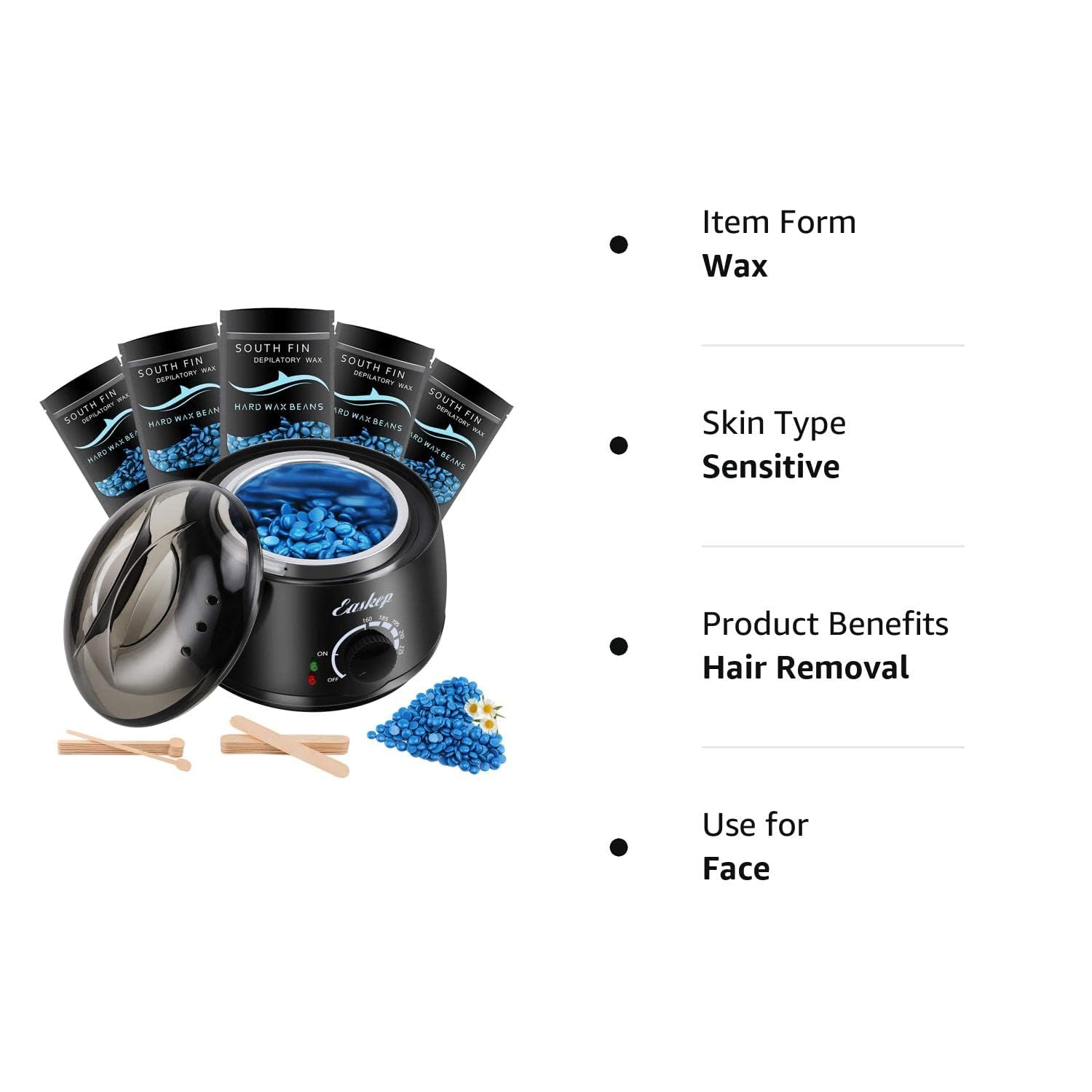Waxing Kit Wax Warmer Easkep - Wax Kit Hair Removal 6 Adjustable Temperature with 5 Packs Hard Wax Beads and 20 pcs Wooden Applicator Sticks Painless for Legs Face Underarm Bikini Brazilian