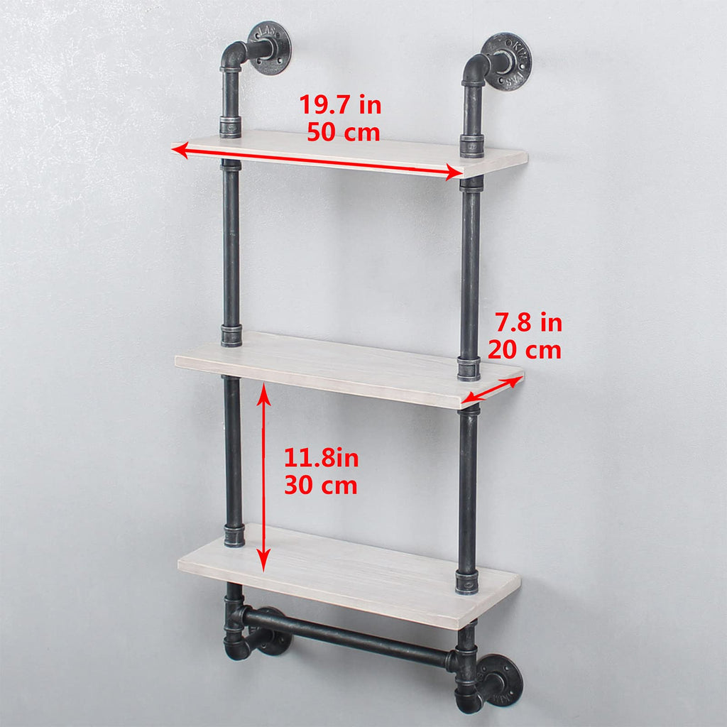 MBQQ Industrial Pipe Shelf Bathroom Shelves Wall Mounted,19.6in Rustic Wood Shelf with Towel Bar,1 Tier Farmhouse Towel Rack,Pipe Shelving Floating Shelves Towel Holder,Black & White