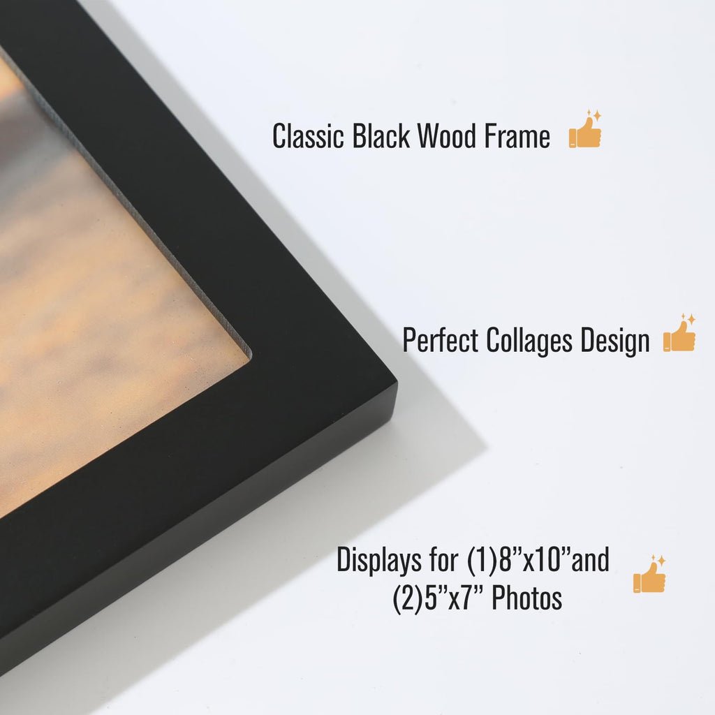 4x6 2-Opening Collage Frame Black Wood | Two 4x6 openings, shatter-resistant glass, tabletop & wall mount