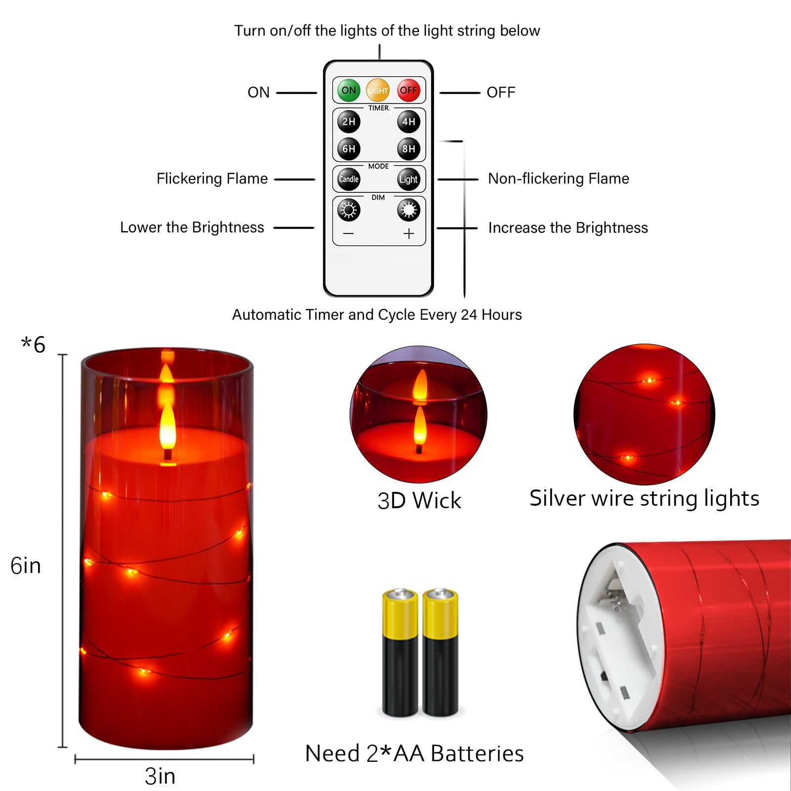 Flickering Flameless Candles with Remote Timer, 6pcs LED Battery Operated Candles with Embedded String Lights Red, Same Size D3 H6