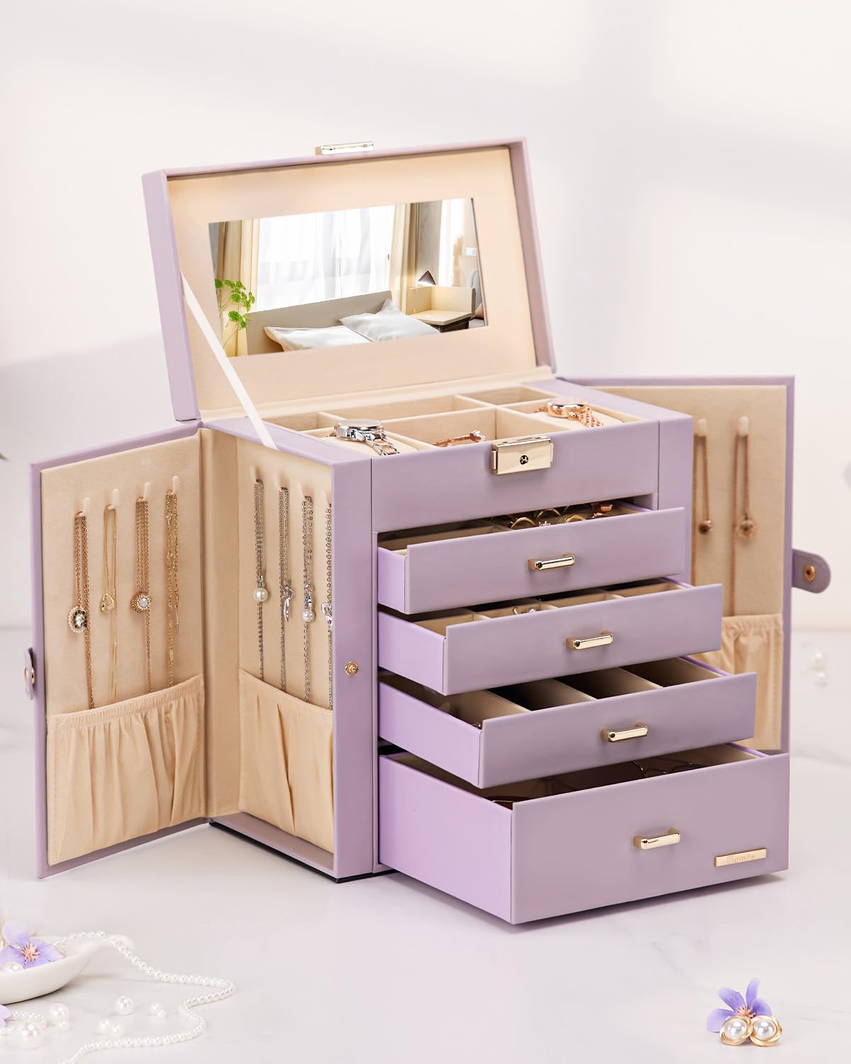 Homde Mothers Day Gifts Synthetic Leather Huge Jewelry Box Mirrored Watch Organizer Necklace Ring Earring Storage Lockable Gift Case (Black + Gold)