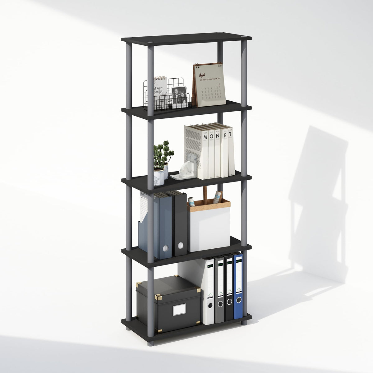 Furinno Turn-N-Tube Book Shelf, 4-Tier Bookshelf, Bookcase with Multipurpose Compact Display Rack, 11.6 x 23.6 x 43.2, for Living Room, Bedroom, Home Office, Americano/Black