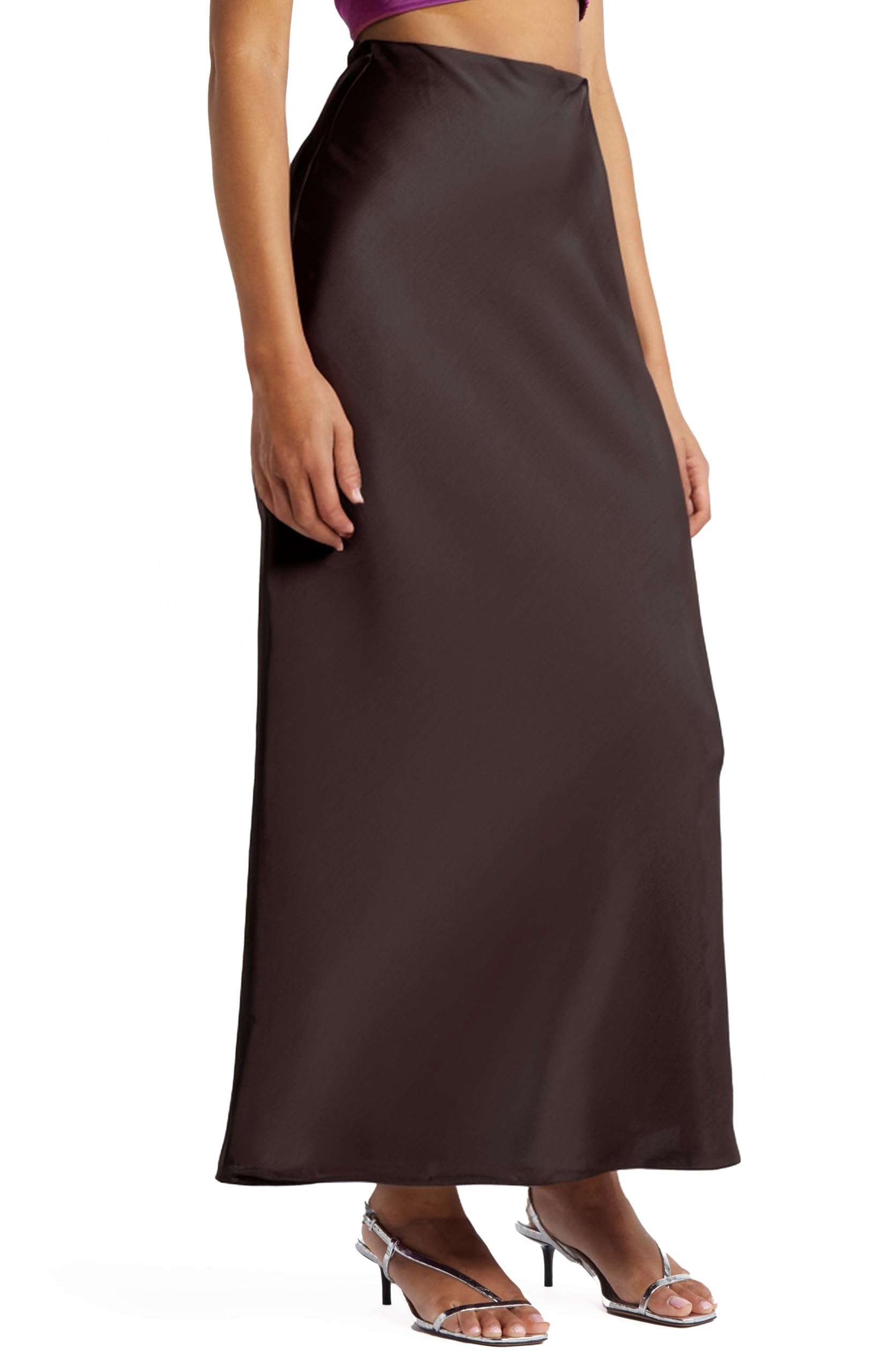 Women's Solid Satin High Waist Midi Long Skirt Hidden Elastic Waistband Skirt for Women-Made in USA