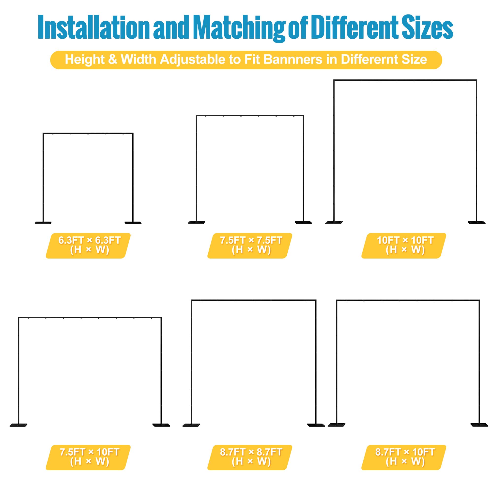 Fomcet 10FT x 10FT Backdrop Stand Heavy Duty with Base, Black Portable Adjustable Pipe and Drape Backdrop Stand Kit, Square Metal Arch Party Frame for Wedding Birthday Parties Banquet Decorations