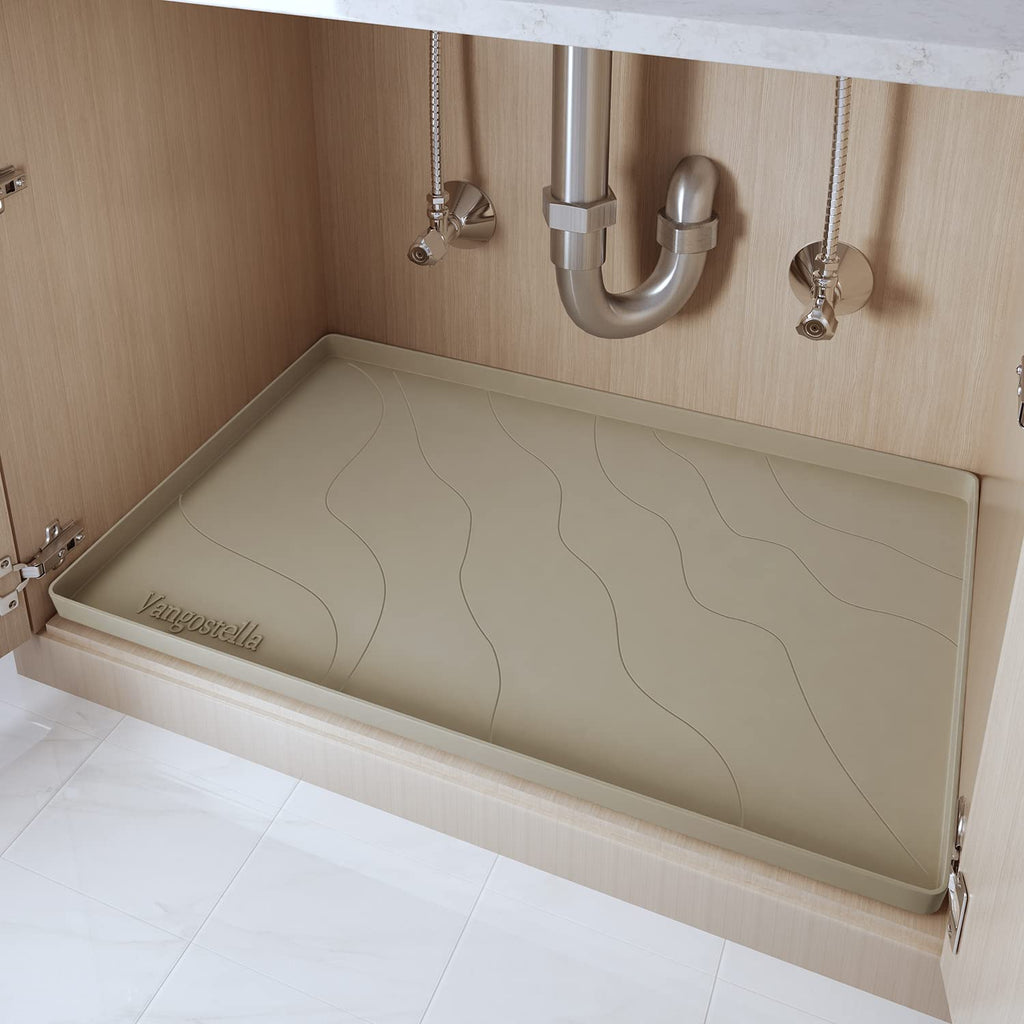 Heavy Duty Silicone Under Sink Mats for Kitchen Waterproof 19" x 19", Extra Thick Under Sink Rubber Mat Drip Tray, Raised Edge Under Sink Liner,Prevent Drips, Leaks, Spills,Beige
