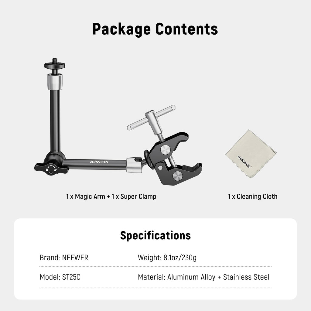 NEEWER 5.9"/15cm Adjustable Friction Magic Arm with 1/4" Screw on Both Ends, Compatible with SmallRig Cage, Flash/LED Light/Microphone/Monitor/SuperClip, Max Load 4.4lb/2kg, ST15