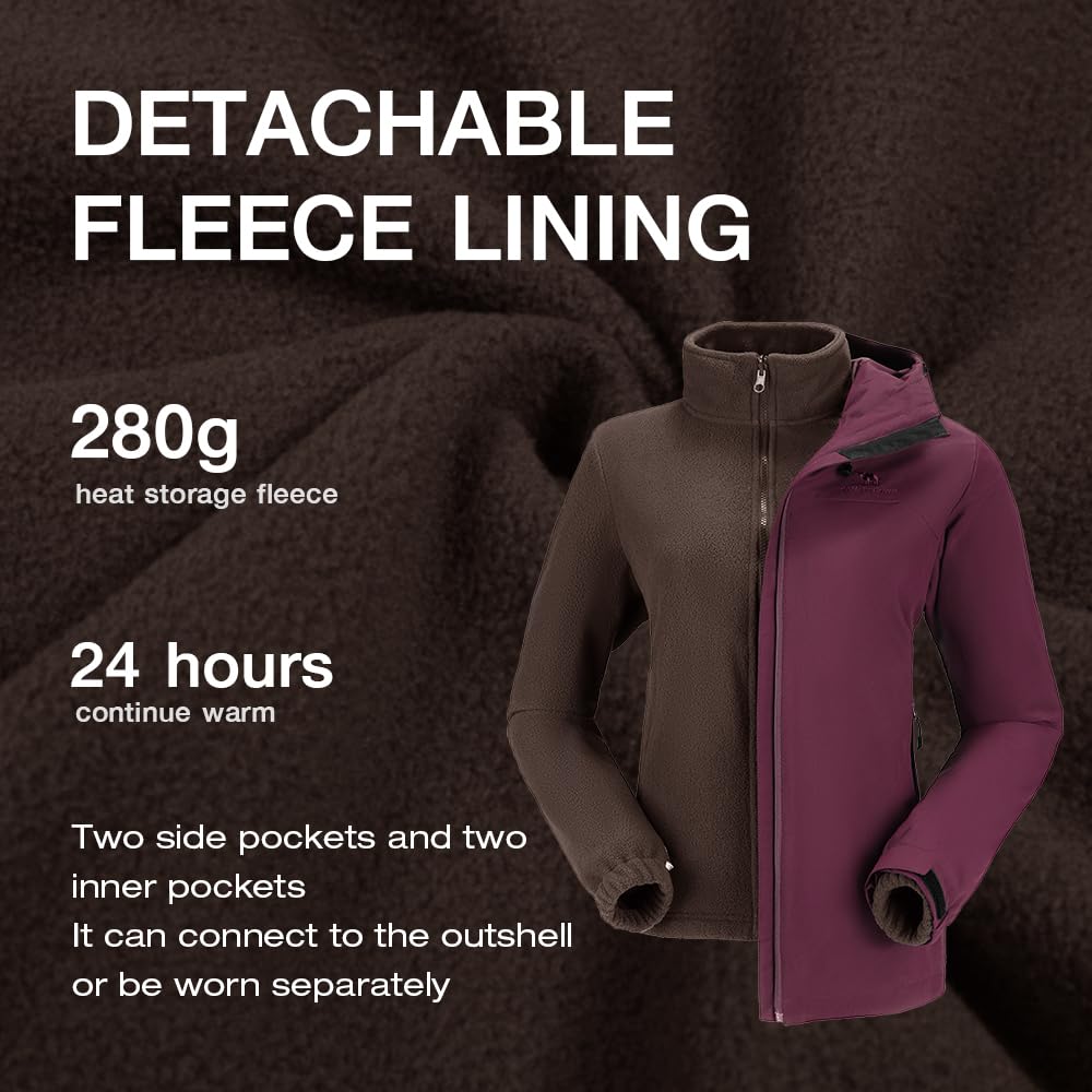 CAMEL CROWN Women's Ski Jacket Waterproof 3 in 1 Winter Coat with Fleece Inner Warm Windproof For Snow Outdoor Hiking