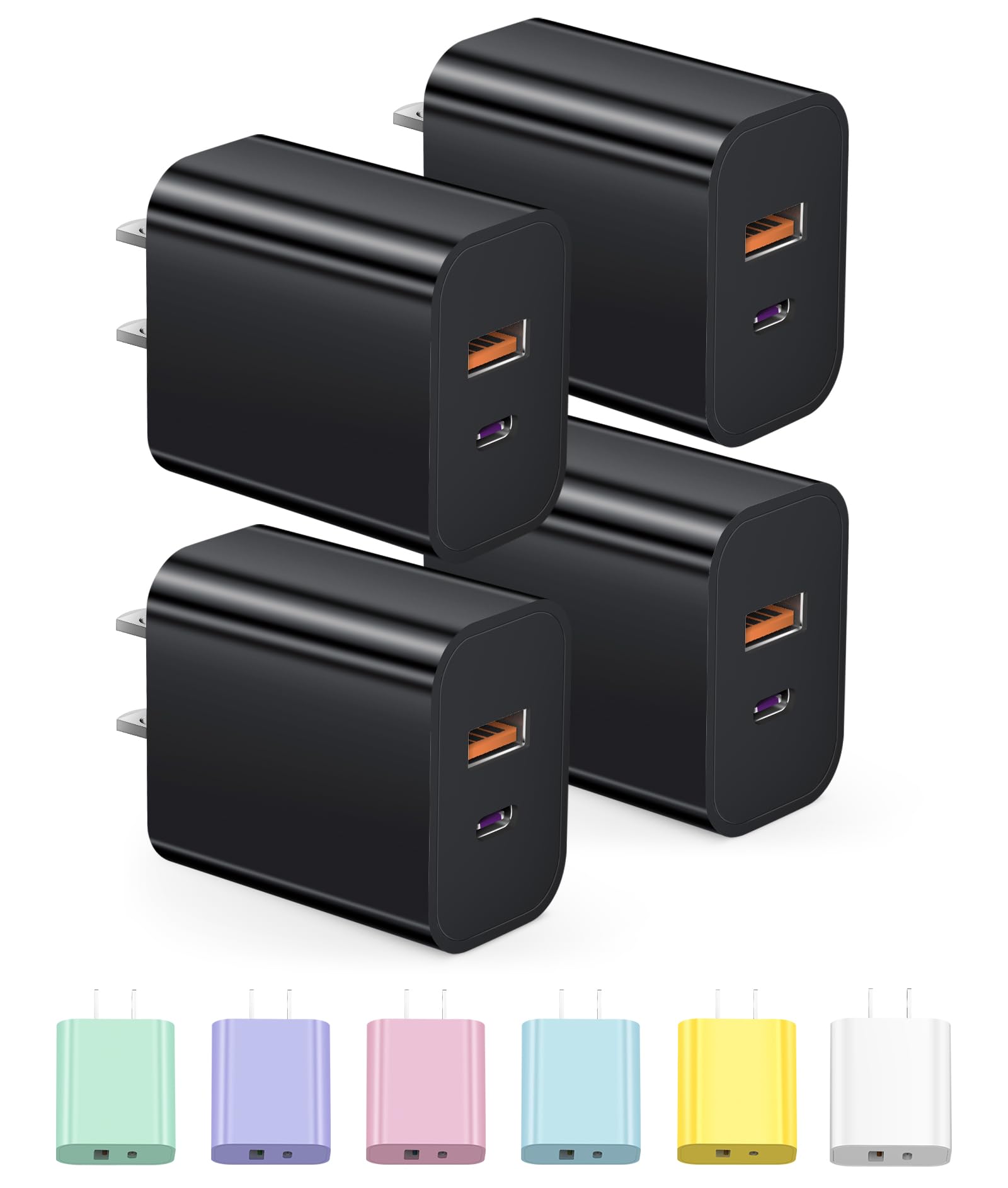 USB C Charger Block Charging Block Type C Charger 20W Wall Chargers 4 Pack for iPhone 16/16 Plus/16 Pro/16 Pro Max/iPhone 15/15 Pro/15 Pro Max/14/13/12 Pro/Samsung//Android(Black)