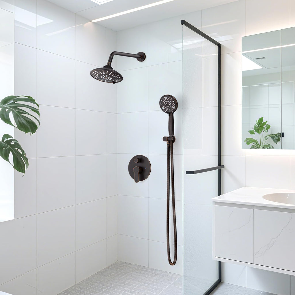 EMBATHER Shower Faucets Sets Complete, with 3 Setting High Pressure Shower Head Combo, Bathroom Wall Mounted Rainfall Shower System Fixtures with 8-Mode Handheld Spray, Brushed Nickel