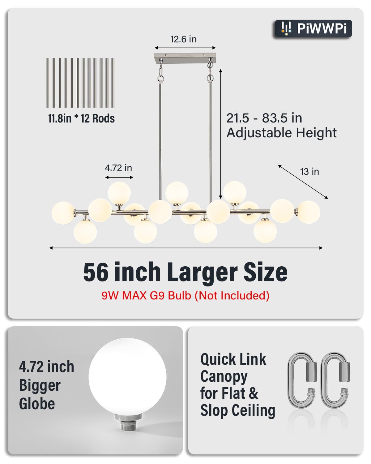 Modern Linear Chandeliers for Dining Room, 8-Light Globe Sputnik Pendant Ceiling Light, Black Dining Room Light Fixture Over Table, Mid Century Glass Milk White Bubble, 31.5 Inch, GC-09