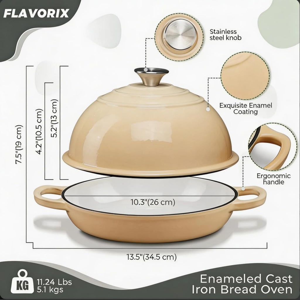 Cast Iron Bread Oven for Sourdough, 6Qt Bread Baking Pan with Lid, Enameled Sourdough Dutch Oven for Bread Baking, Oven Safe up to 482℉, Green