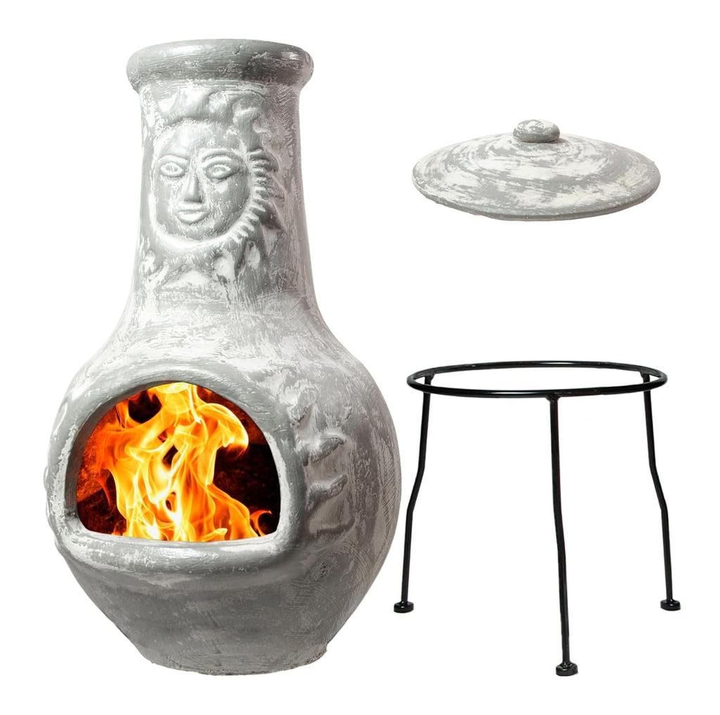 Wiosi Medium 𝗖𝗵𝗶𝗺𝗶𝗻𝗲𝗮 Outdoor Fireplace for Patio Clay Chimineas with Chimney Rain Lids and Solid Metal Stands - Yellow Terracotta Chimenea - Rustic Wooden Fire Pit Chimnea 16 x 16 x 32-inch