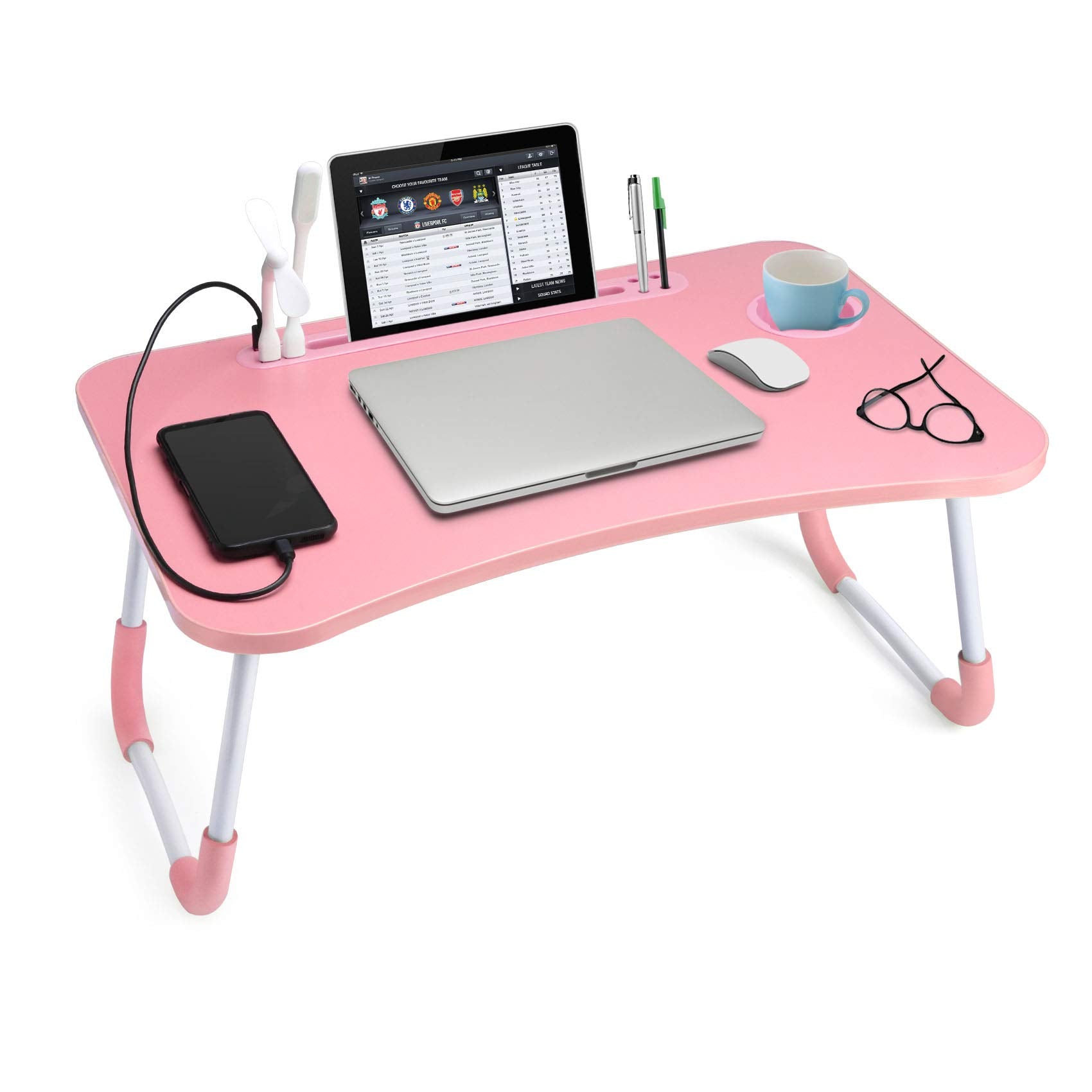 Slendor Lap Desk with Cup Holder, Foldable Laptop Table for Bed, Portable Bed Desk for Laptop and Writing, Computer Tray with Tablet Slot, Notebook Stand Reading Holder for Couch Sofa Floor,Black