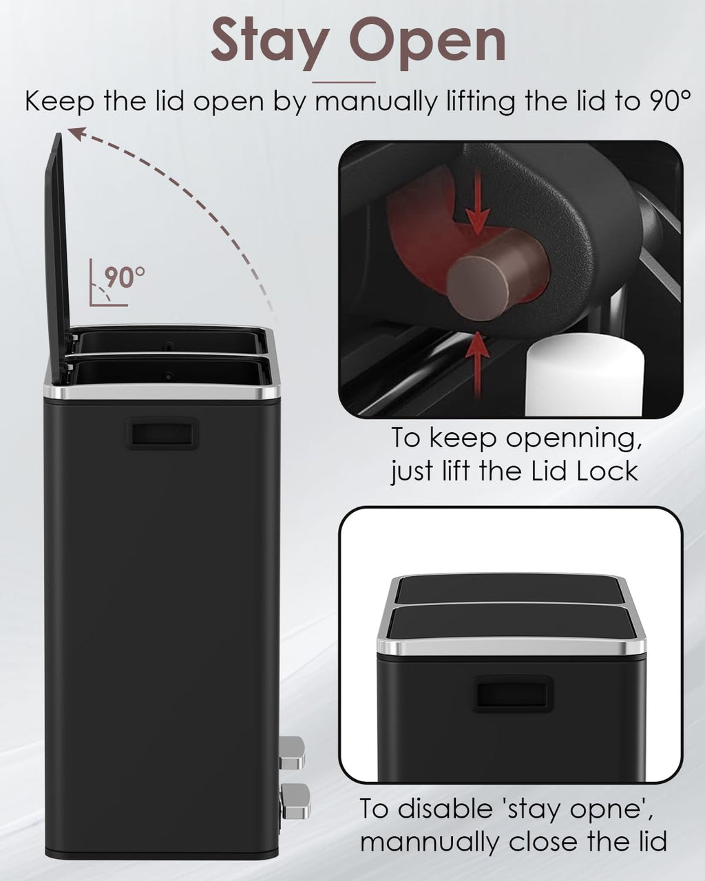 Arlopu Dual Trash Can, 2 x 8 Gallon (2 x 30 L) Hands-Free Trash and Recycle Bin Combo, Stainless Steel Kitchen Garbage Can with Soft-Close Lid, Removable Inner Buckets, Step Pedal, Airtight (Black)