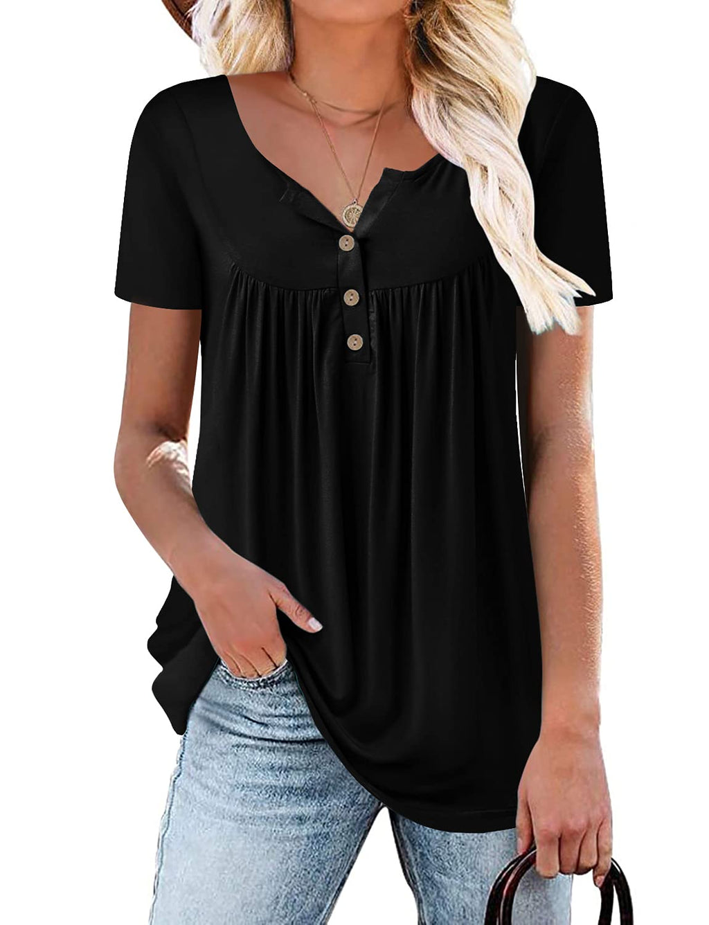 Mystry Zone Womens Henley V Neck Casual Blouse Button Down T Shirts Flare and Flowy Tops