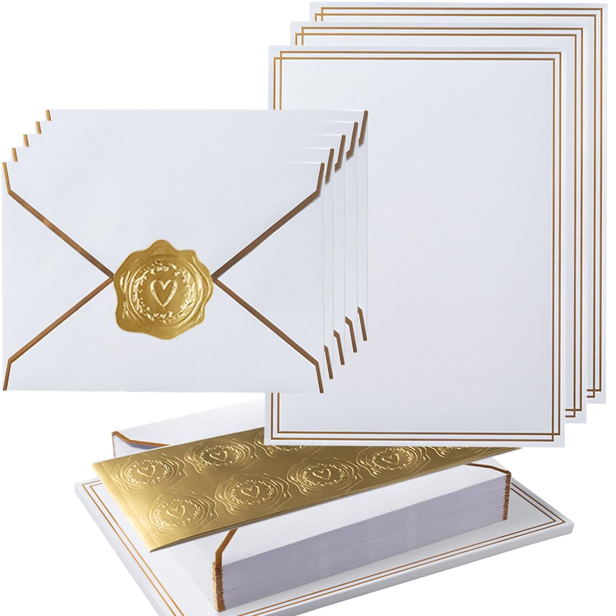 50 Pack Stationery Set with Envelopes, Cream Color, 8.5x11 Inches | Gold Border, #10 Business Envelopes and 8.5x11 Paper Sheets, Stickers for Letter Writing, Invitations