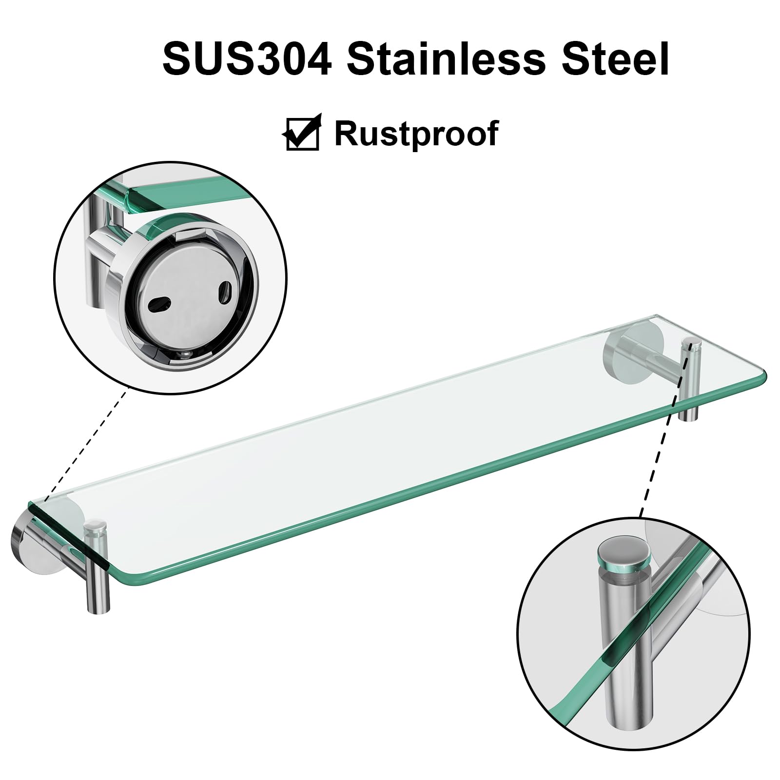 Glass Bathroom Shelves,Brushed Gold Floating Shelves for Wall Rectangular Modern Stainless Steel Glass Shelf for Bathroom Shelves wall Mounted 16 Inch