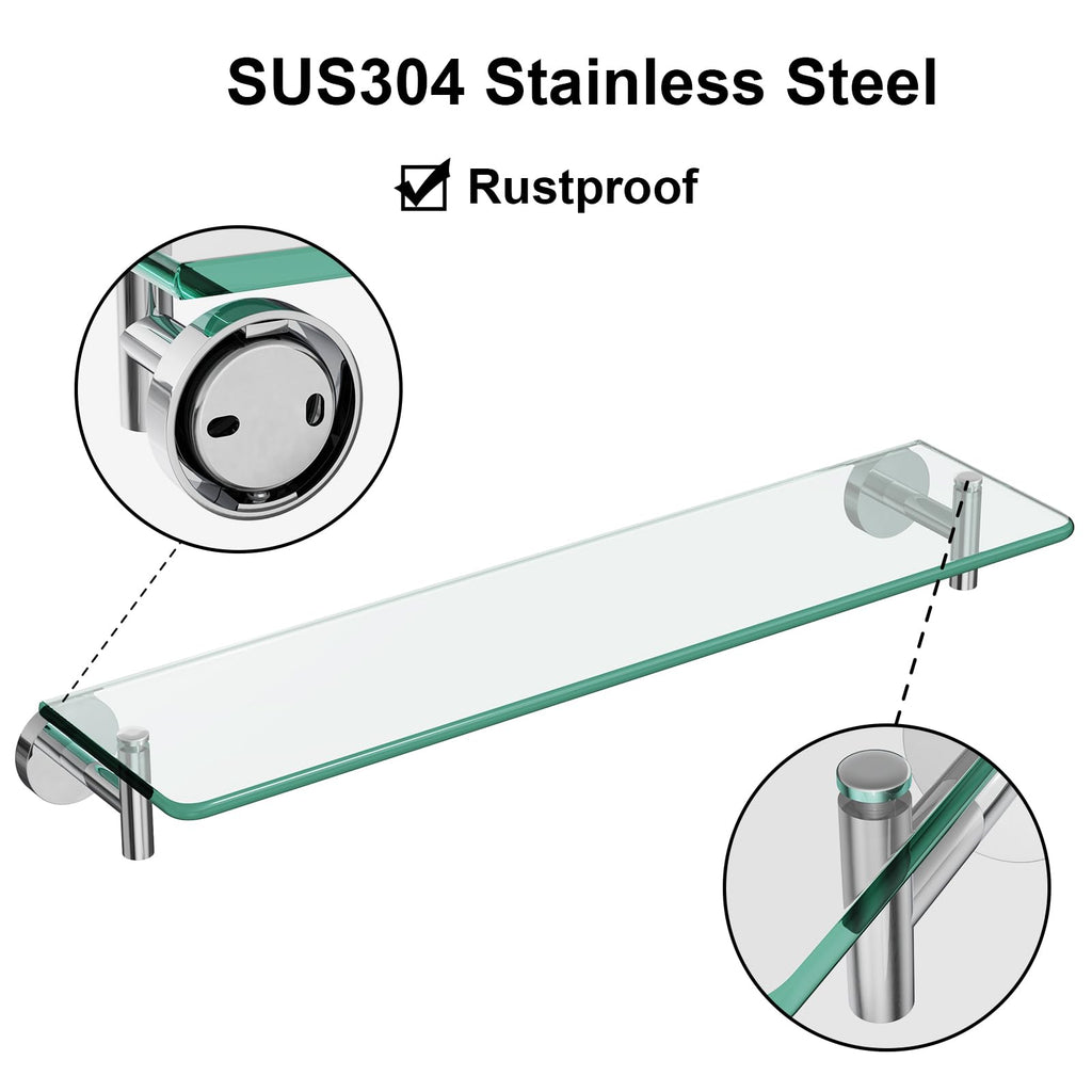 Glass Bathroom Shelves,Brushed Gold Floating Shelves for Wall Rectangular Modern Stainless Steel Glass Shelf for Bathroom Shelves wall Mounted 16 Inch
