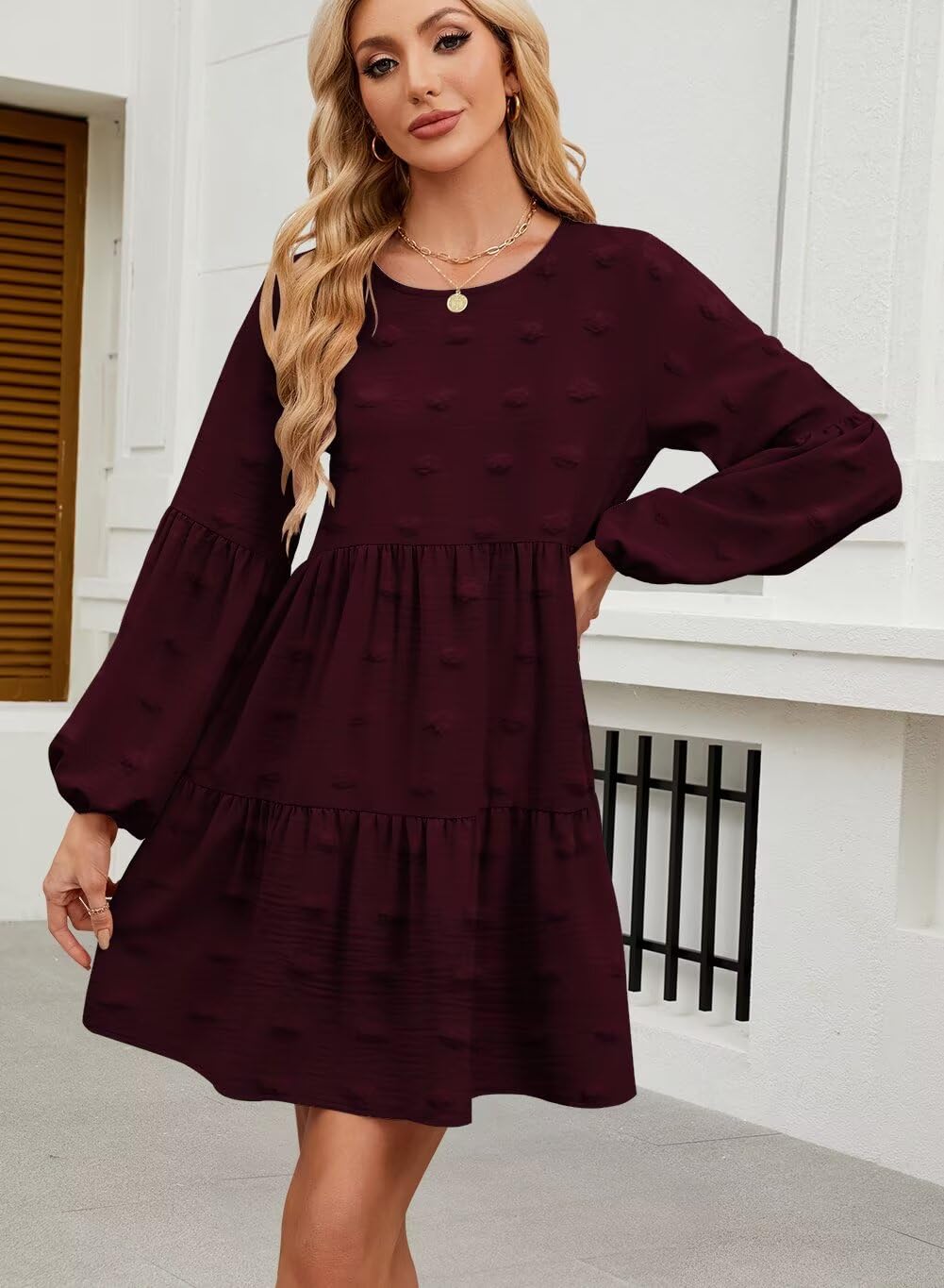 QACOHU Falll Dresses for Women 2026 Crew Neck Long Lantern Sleeve Casual Loose Flowy Swing Shift Dress