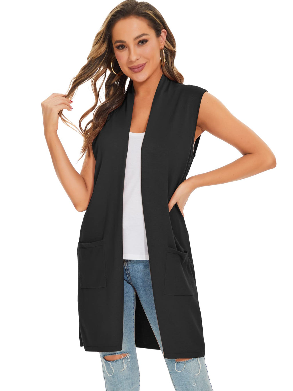 Moss Rose Women's Long Knit Cardigan Vest Casual Sleeveless Open Front Draped Duster Vest (Available in Plus Size)