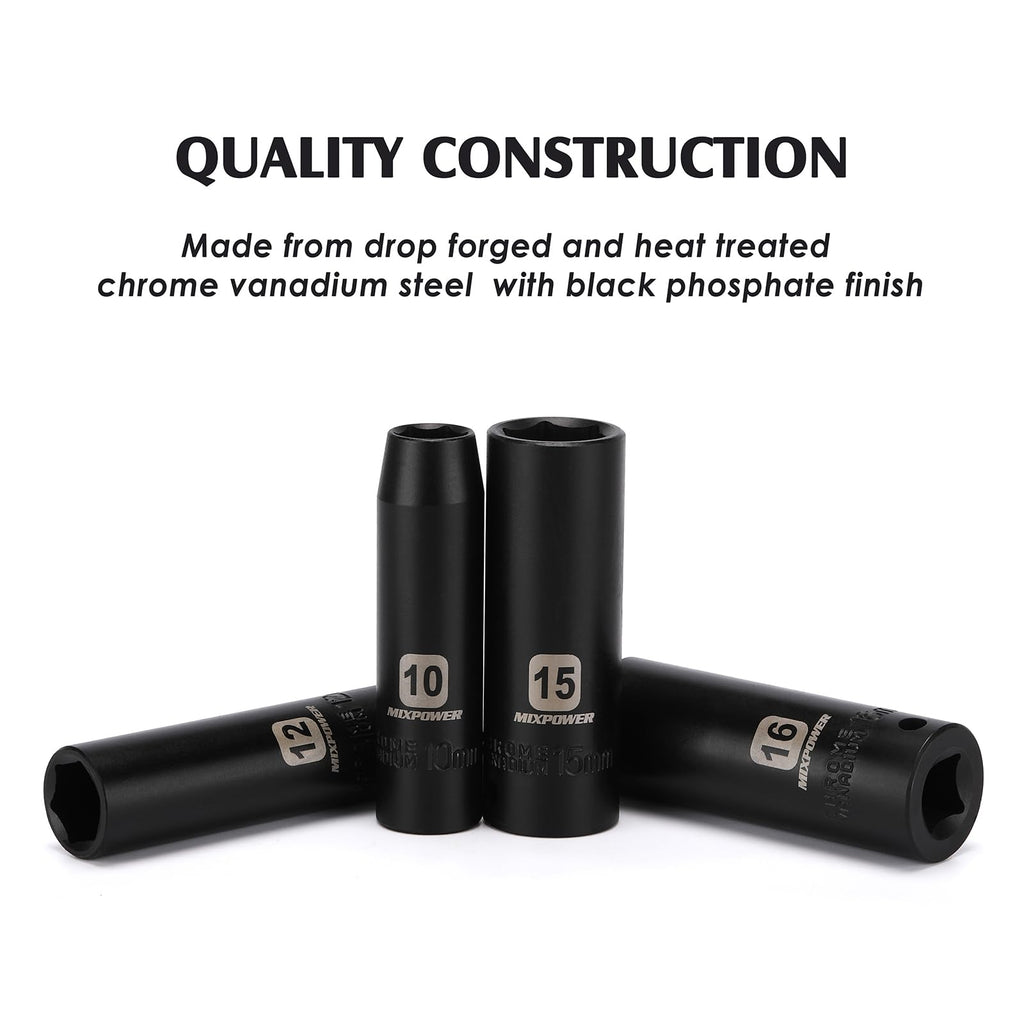MIXPOWER 12 Pieces 3/8-Inch Drive Shallow Impact Socket Set, 5/16 to 1 inch, CR-V, SAE, 6 Point, Shallow, 12 Pieces 3/8" Dr. Socket