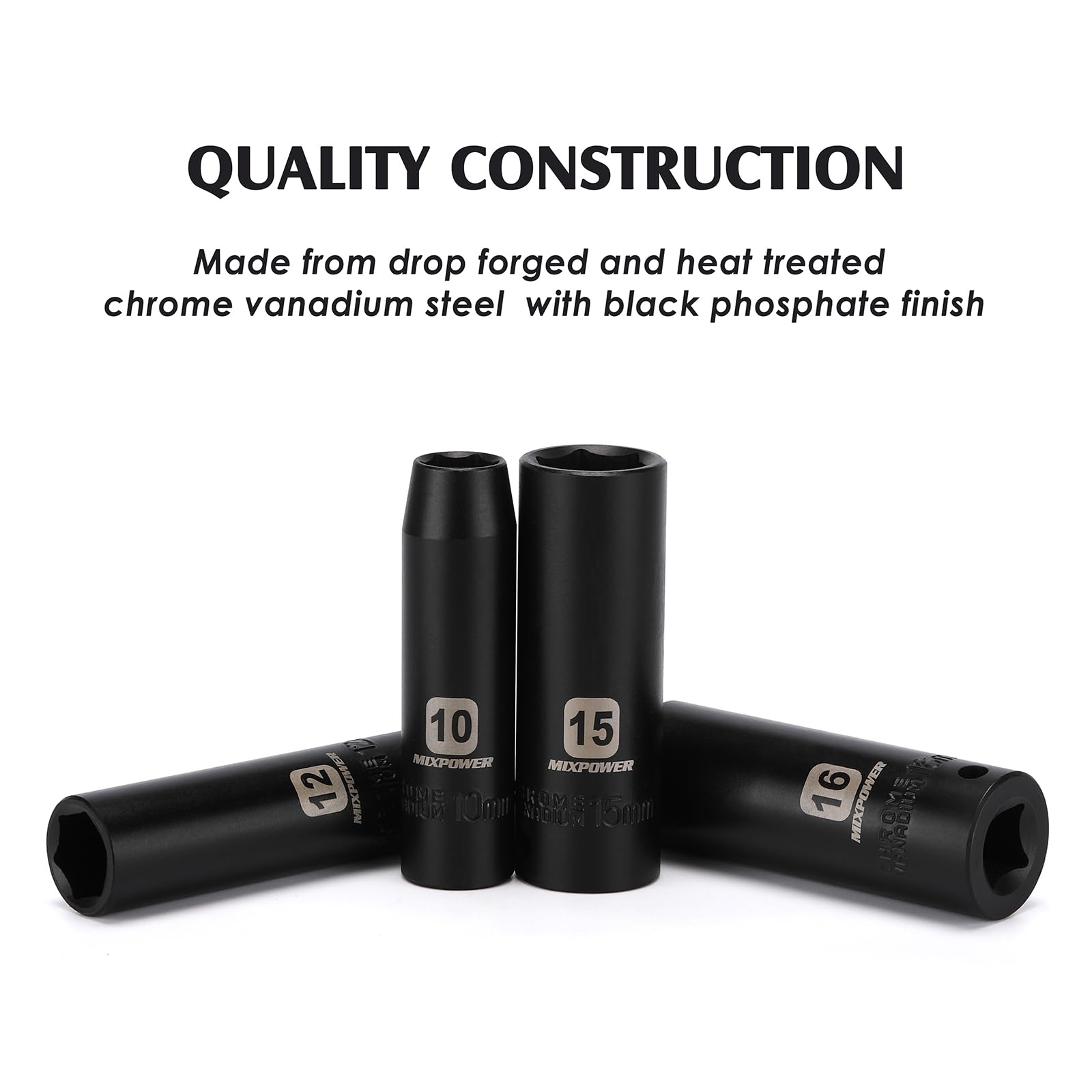 MIXPOWER 12 Pieces 3/8-Inch Drive Shallow Impact Socket Set, 5/16 to 1 inch, CR-V, SAE, 6 Point, Shallow, 12 Pieces 3/8" Dr. Socket