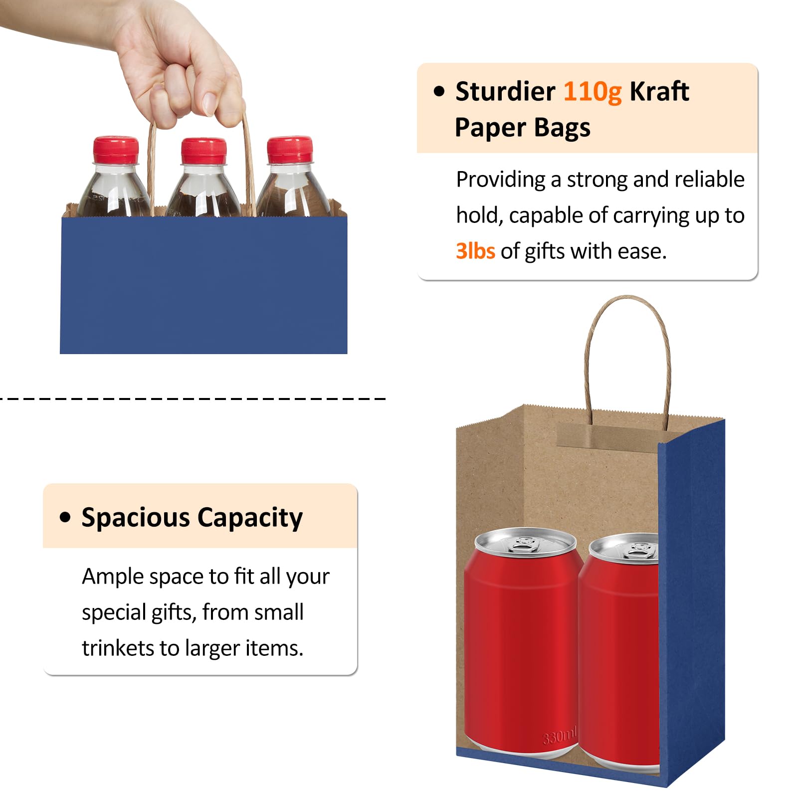 BagDream Gift Bags 100Pcs 5.25x3x8 Small Kraft Paper Gift Bags with Handles Bulk, Black Paper Sacks for Small Business, Retail, Merchandise, Grocery, Wedding Birthday Party favor
